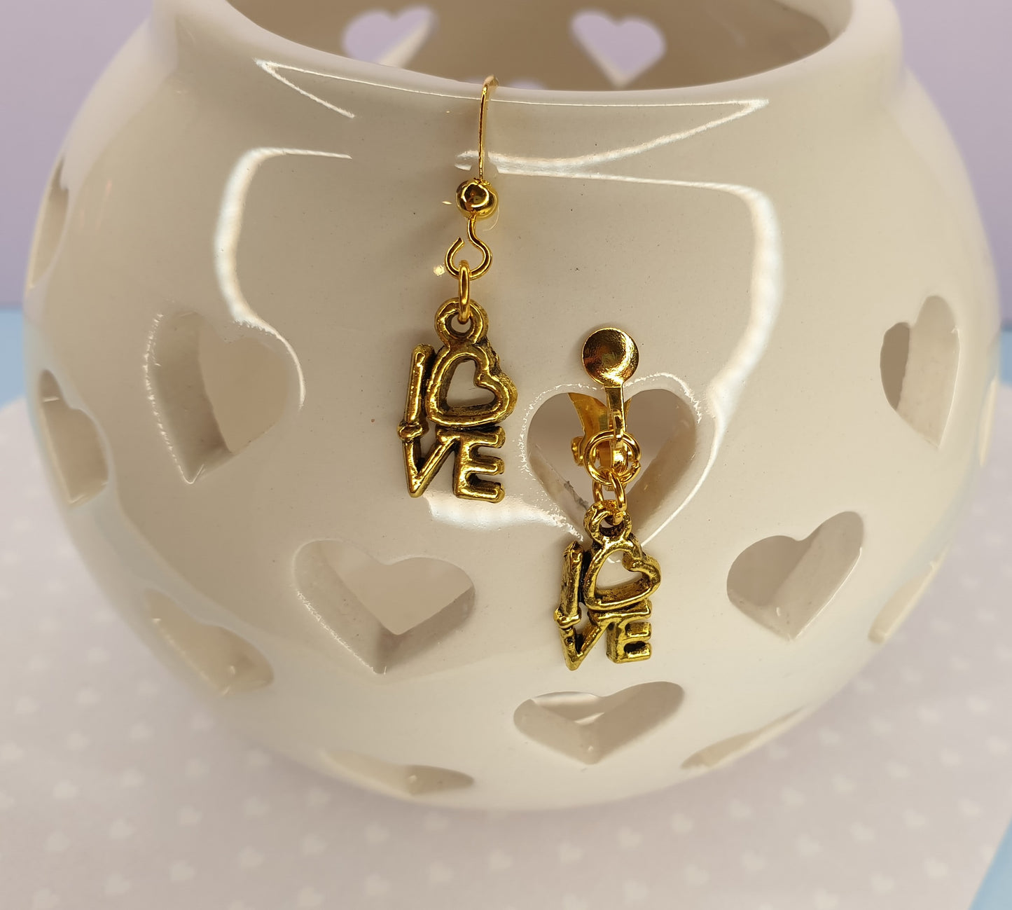Love Earrings in Gold Tone. Valentines Gift, Anniversary Gift, Jewellery, Heart, Hypoallergenic, Nickel, Allergy Free. Clip On Earrings