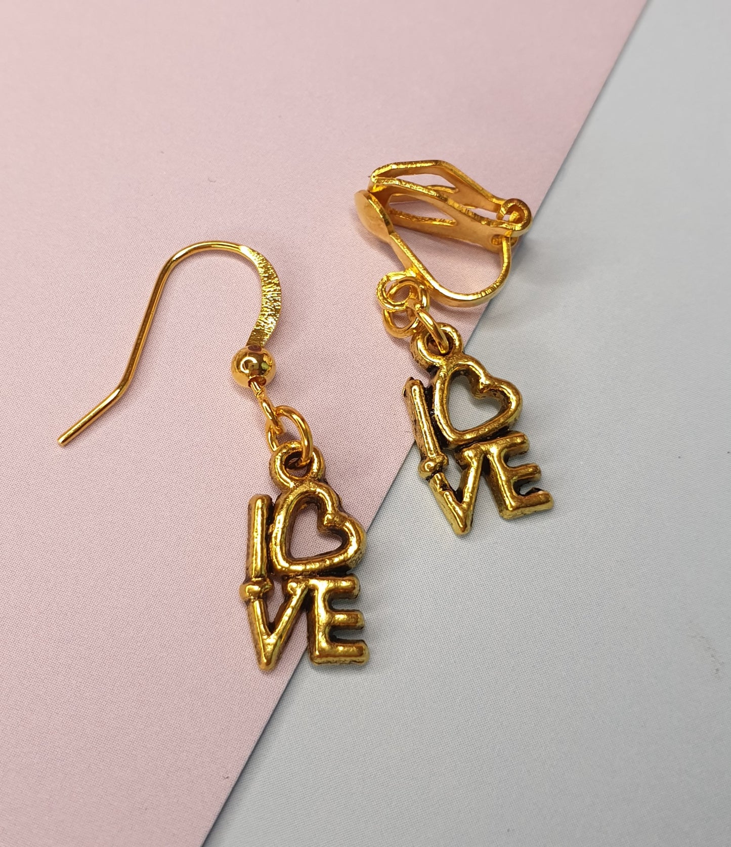 Love Earrings in Gold Tone. Valentines Gift, Anniversary Gift, Jewellery, Heart, Hypoallergenic, Nickel, Allergy Free. Clip On Earrings