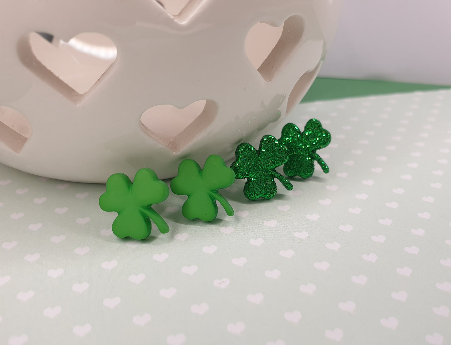 Small Shamrock Stud Earrings. Green Glitter, St. Patricks Day. Hypoallergenic, Allergy, Nickel Free.
