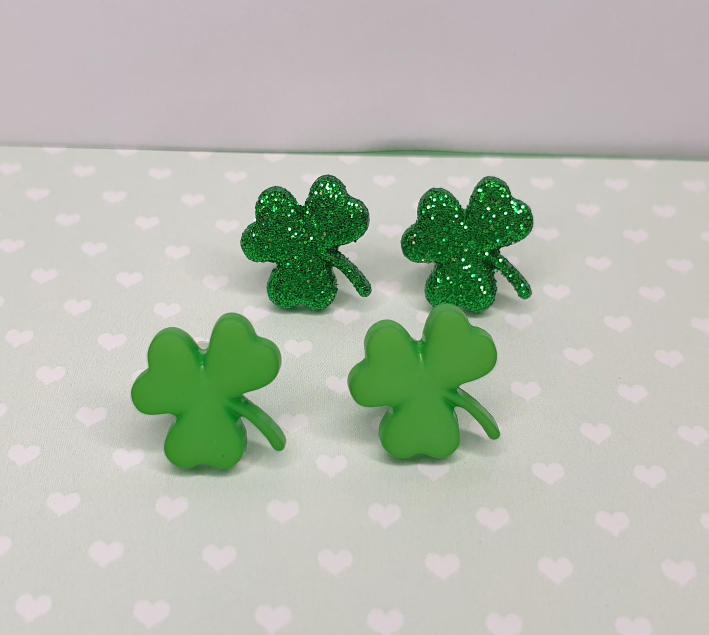 Small Shamrock Stud Earrings. Green Glitter, St. Patricks Day. Hypoallergenic, Allergy, Nickel Free.