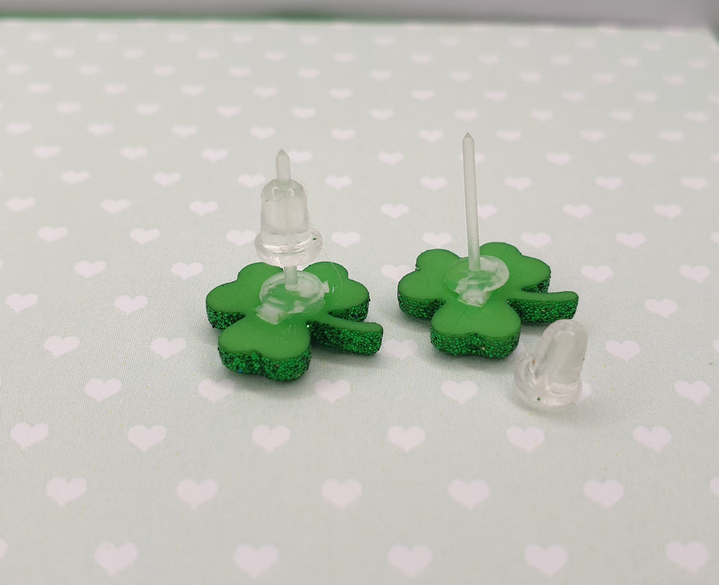 Small Shamrock Stud Earrings. Green Glitter, St. Patricks Day. Hypoallergenic, Allergy, Nickel Free.