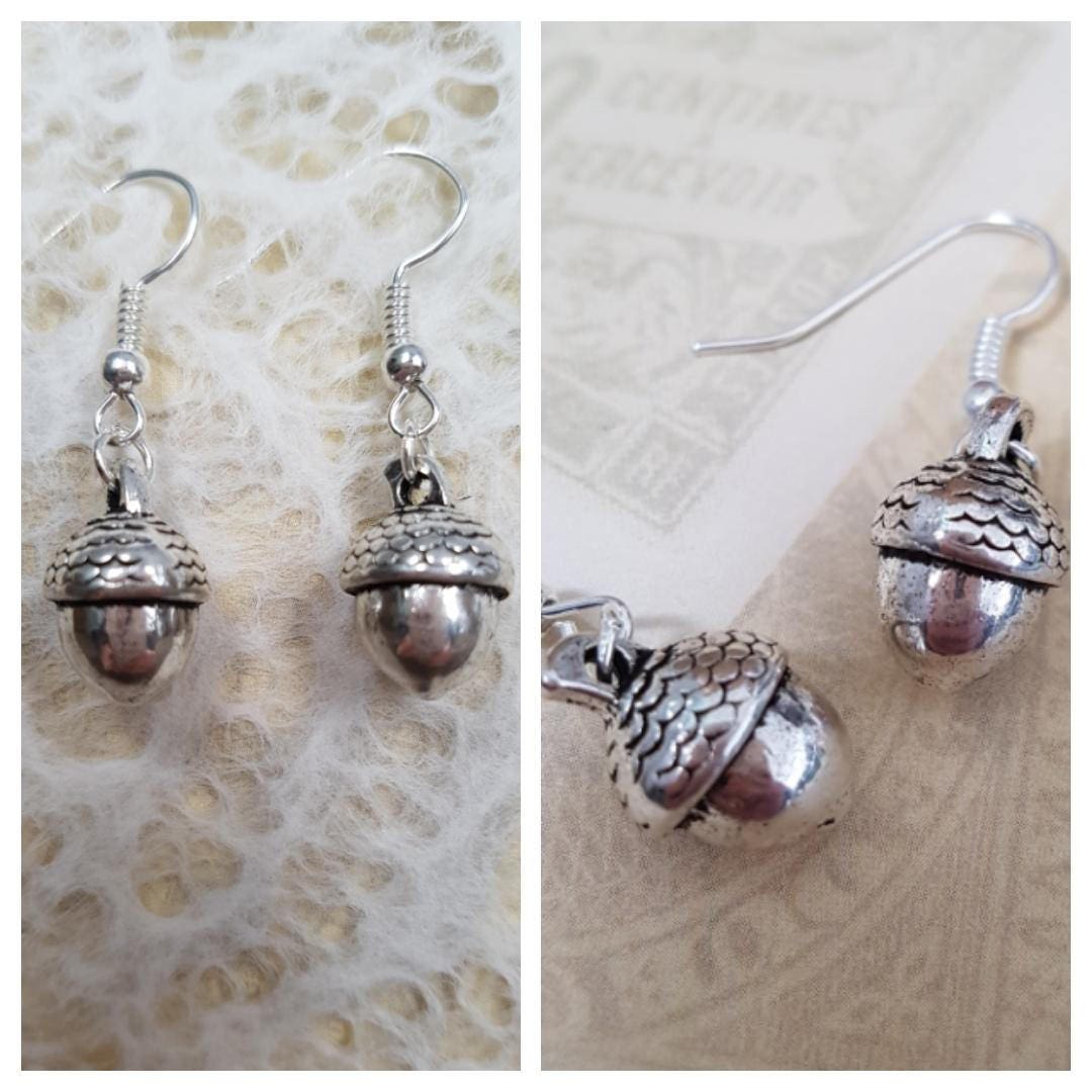 3D Acorns or Mushroom Toadstool Earrings. Silver Coloured. Clip On, Hypoallergenic, Allergy, Lead and Nickel Free