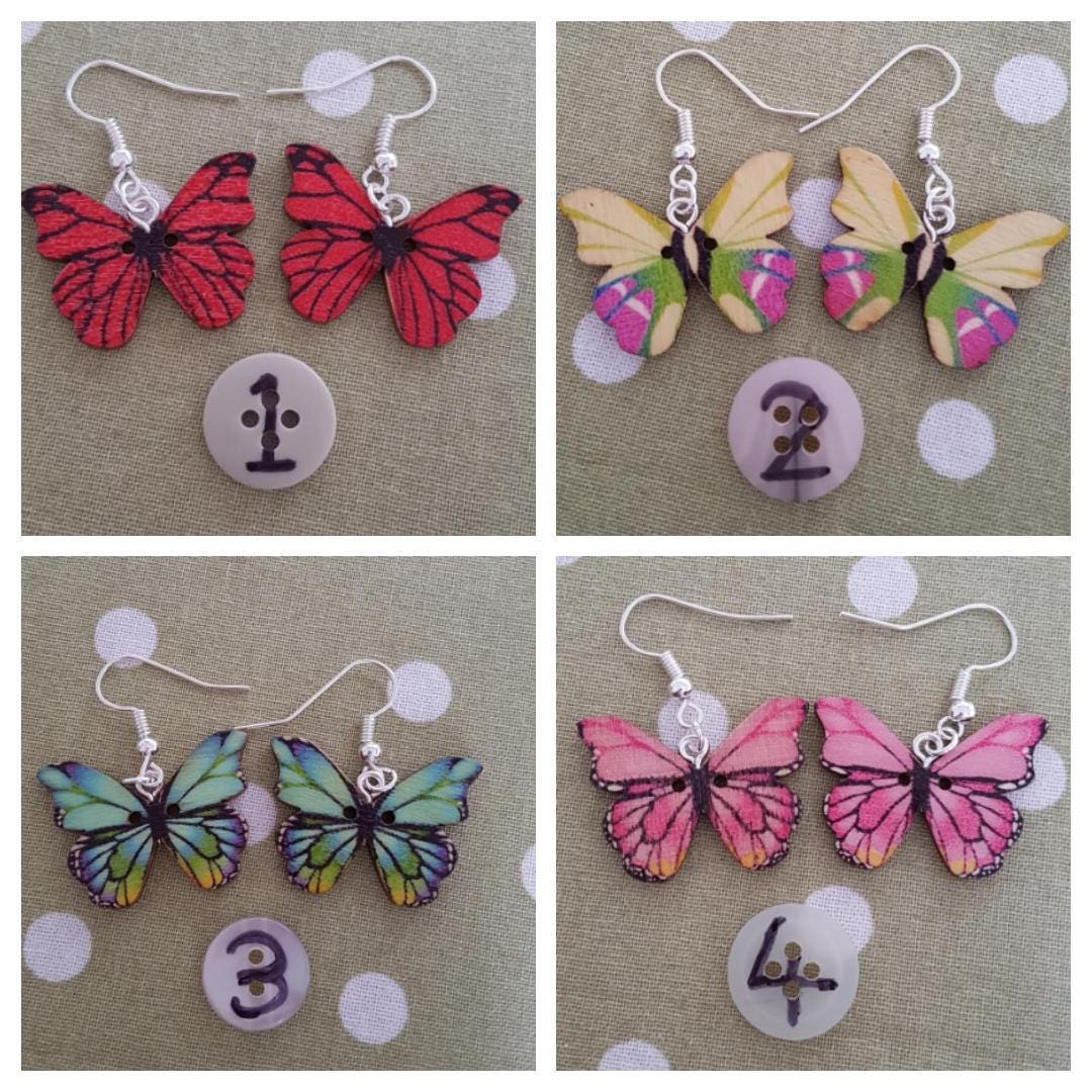 Wooden Butterfly Drop/Dangle Earrings. Choose Your Favourite Hypoallergenic, Allergy Free, Lead and Nickel Free. Stocking Filler Mothers Day
