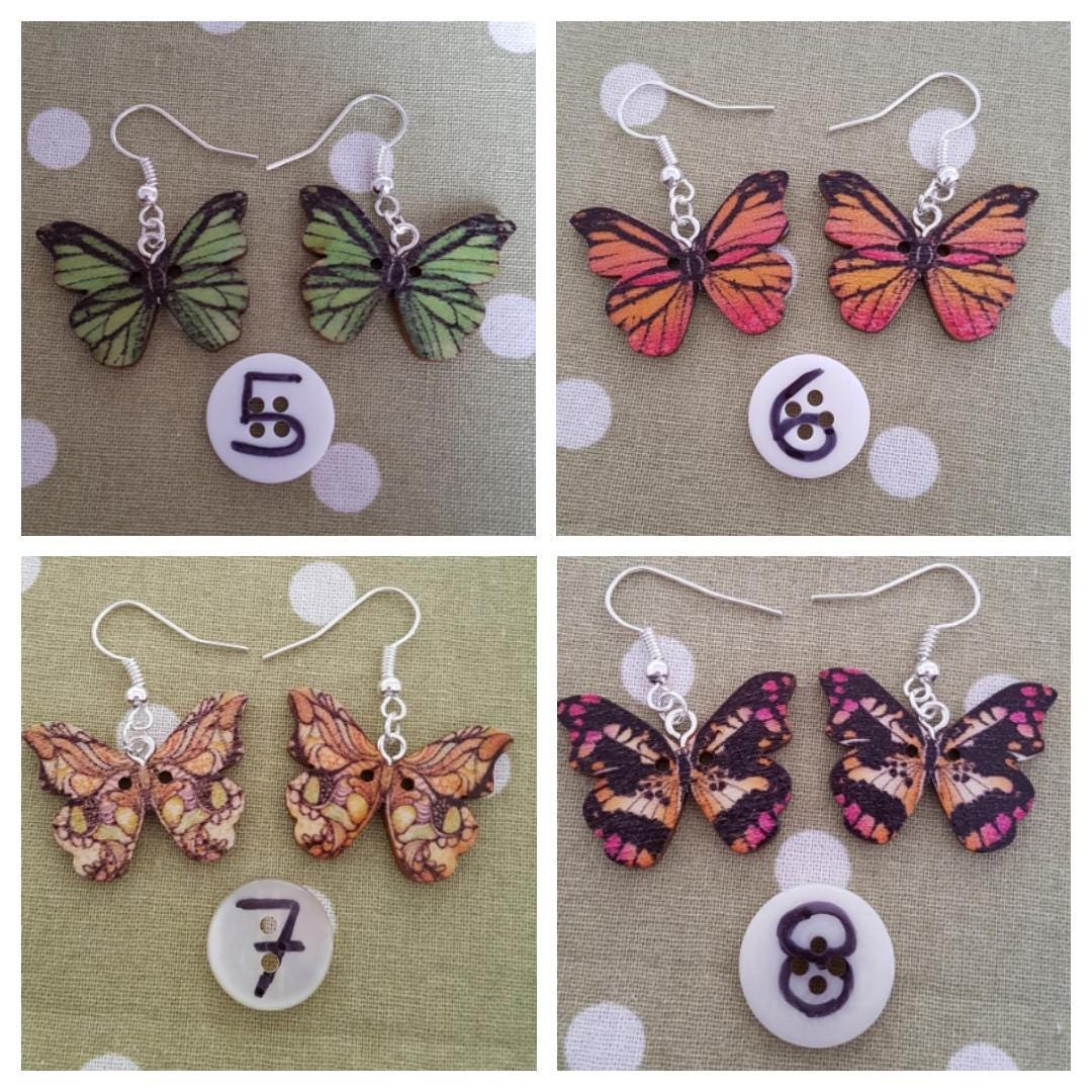 Wooden Butterfly Drop/Dangle Earrings. Choose Your Favourite Hypoallergenic, Allergy Free, Lead and Nickel Free. Stocking Filler Mothers Day