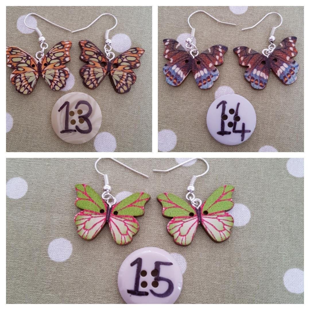 Wooden Butterfly Drop/Dangle Earrings. Choose Your Favourite Hypoallergenic, Allergy Free, Lead and Nickel Free. Stocking Filler Mothers Day