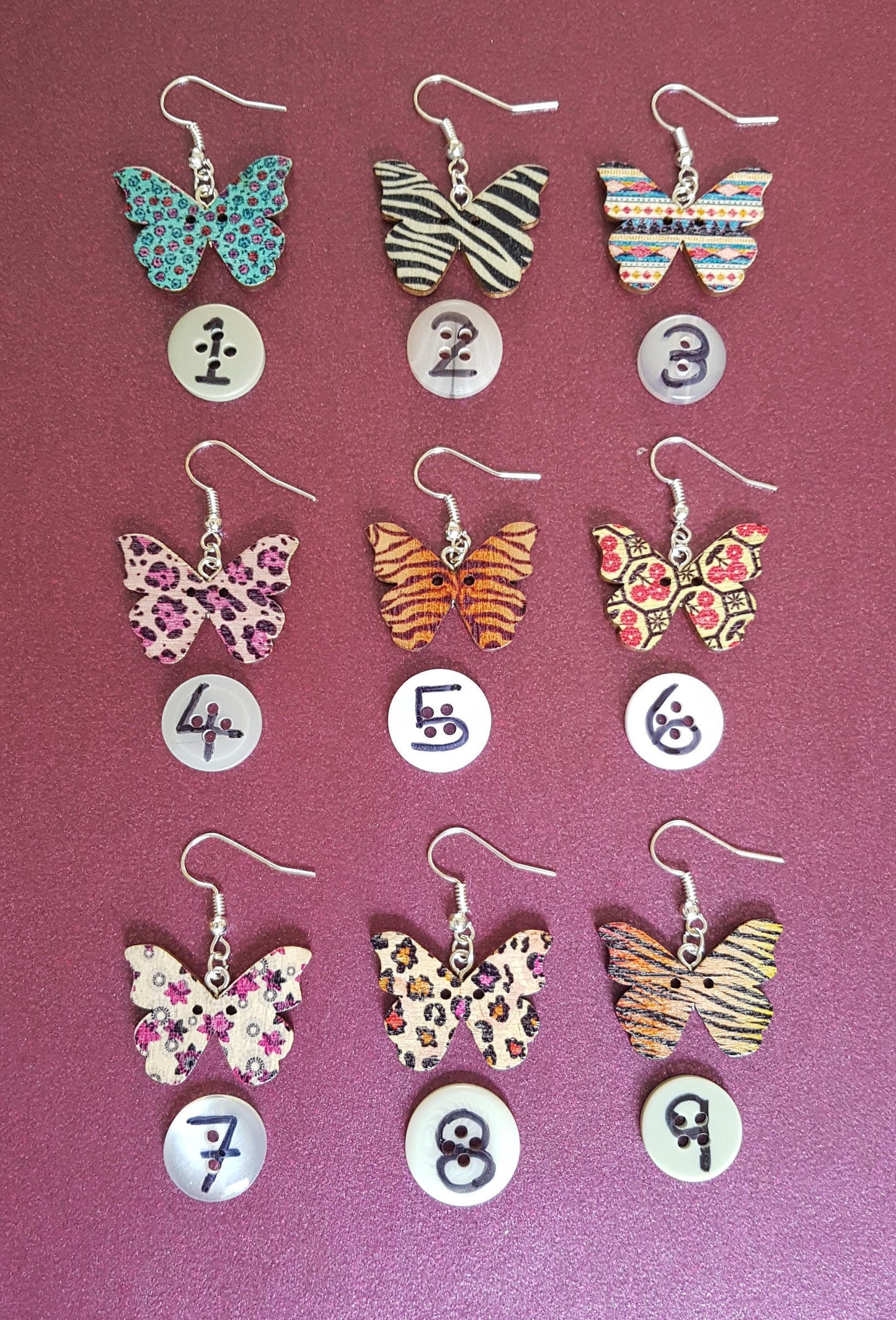 Patterned Wooden Butterfly Drop Earrings - Zebra Print, Tiger Print, Leopard Spots, Floral Hypoallergenic Lead Nickel Free, Mothers Day