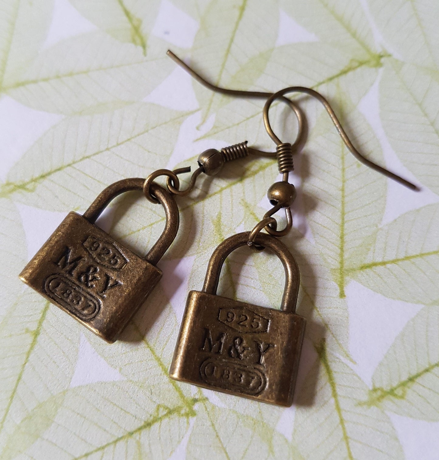 Padlock and Key Themed Drop Earrings, Bronze. Clip Ons, Hypoallergenic Lead Nickel Allergy Free Lock
