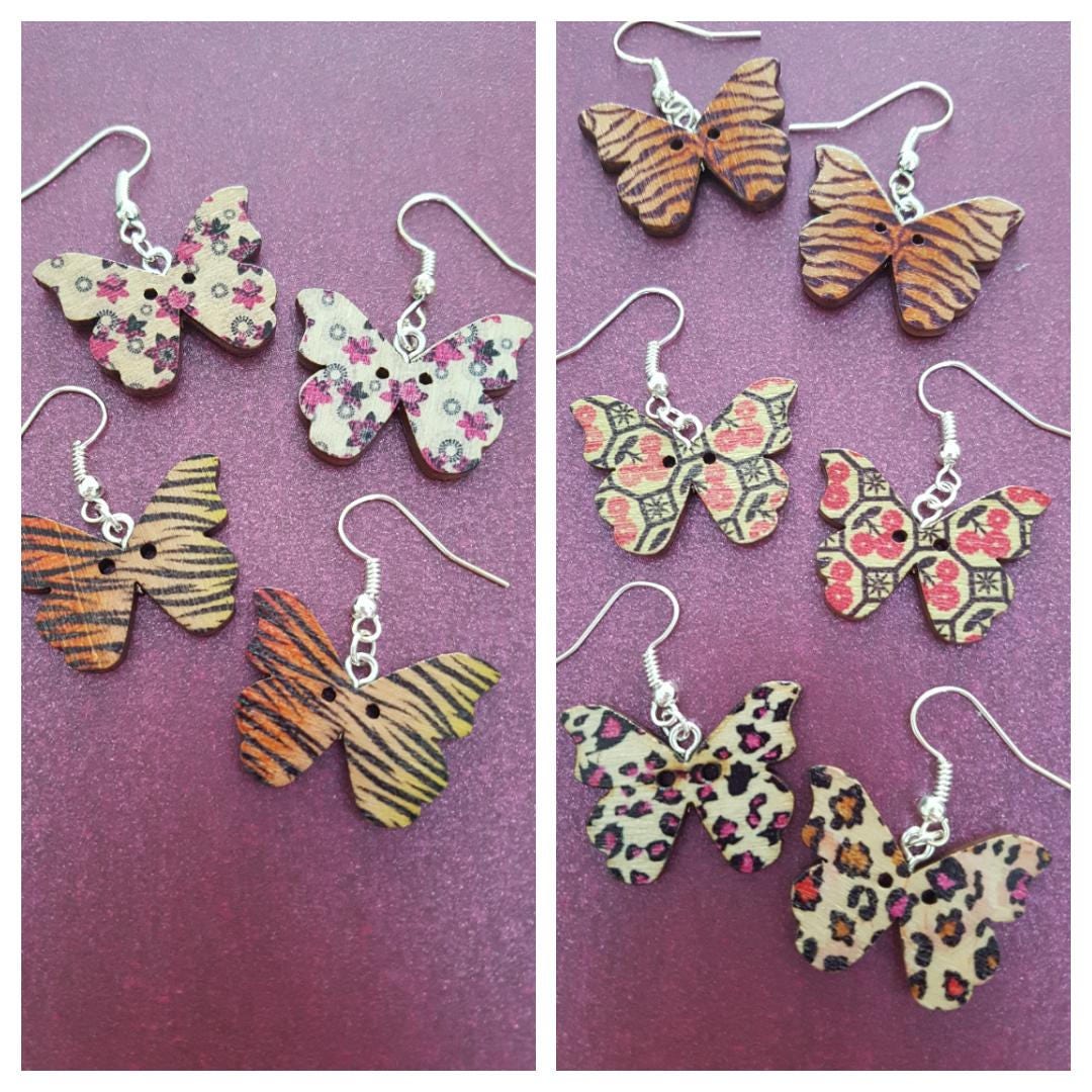 Patterned Wooden Butterfly Drop Earrings - Zebra Print, Tiger Print, Leopard Spots, Floral Hypoallergenic Lead Nickel Free, Mothers Day