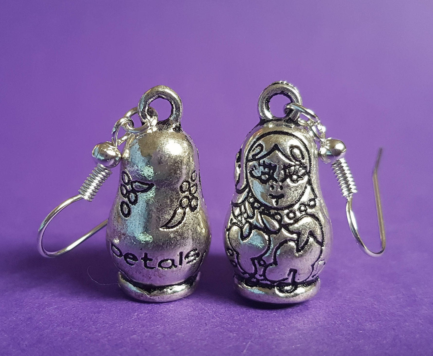 Russian Nesting Doll, Babushka Earrings. Hypoallegenic, Lead Nickel Allergy Free. Silver Colour