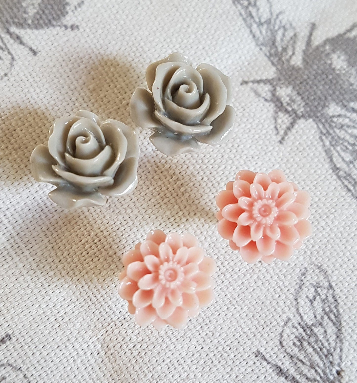 Pretty Floral Studs - Grey Roses or Pink Chrysanthemums. Kitsch, Cute, Great Gift Hypoallergenic Stocking Filler