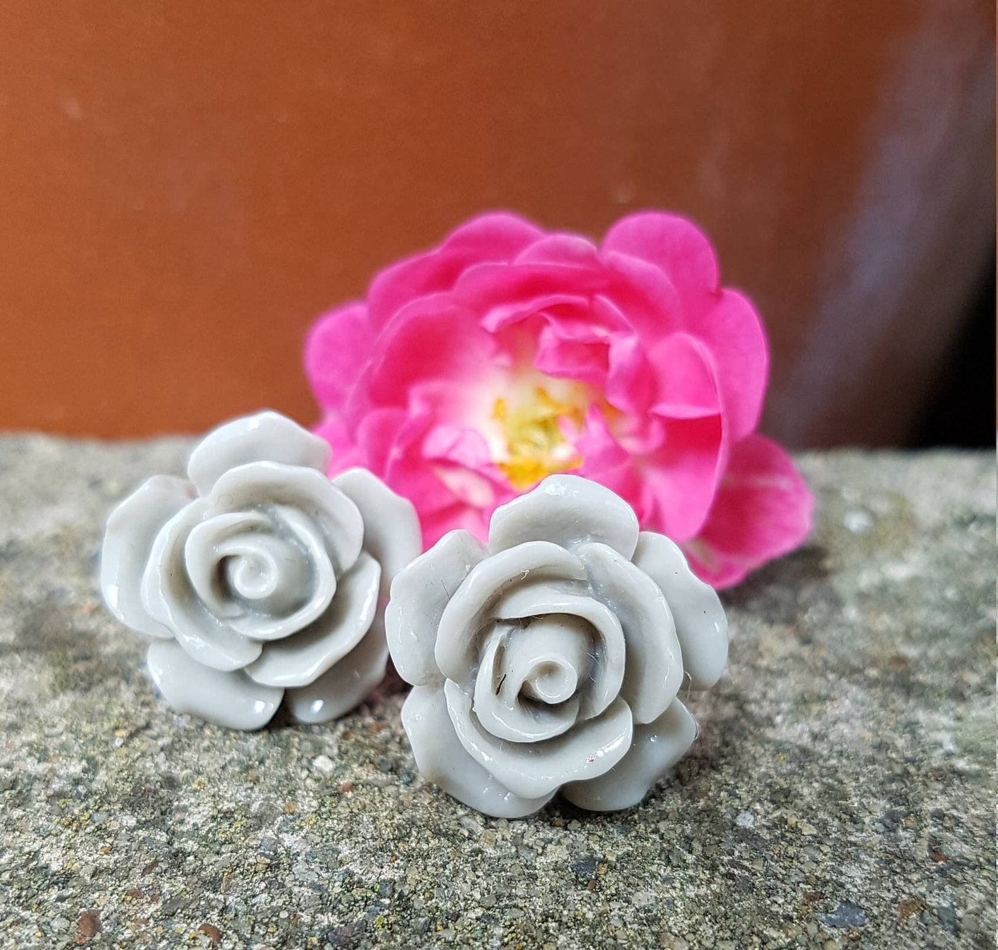 Pretty Floral Studs - Grey Roses or Pink Chrysanthemums. Kitsch, Cute, Great Gift Hypoallergenic Stocking Filler