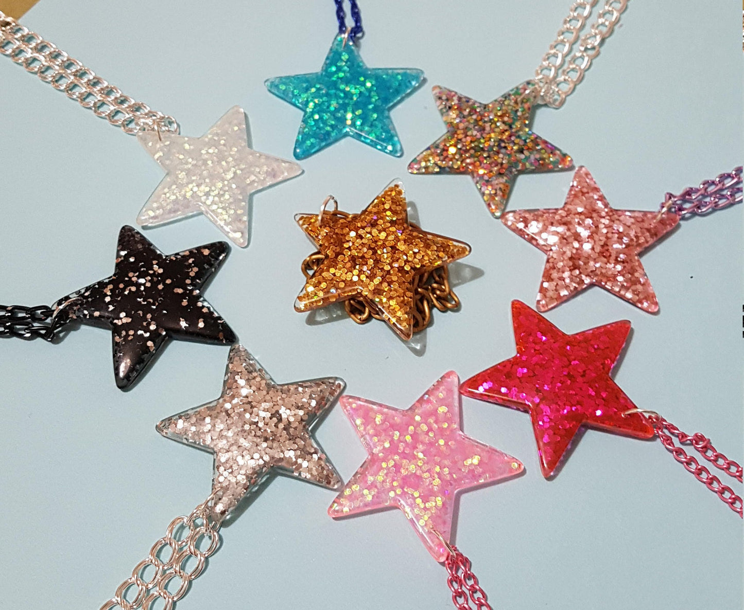 Glitter Star Necklace Pendant and Chain Pink, Blue, Silver, Gold, White, Multi/Rainbow, Black, Christmas Xmas Stocking Filler