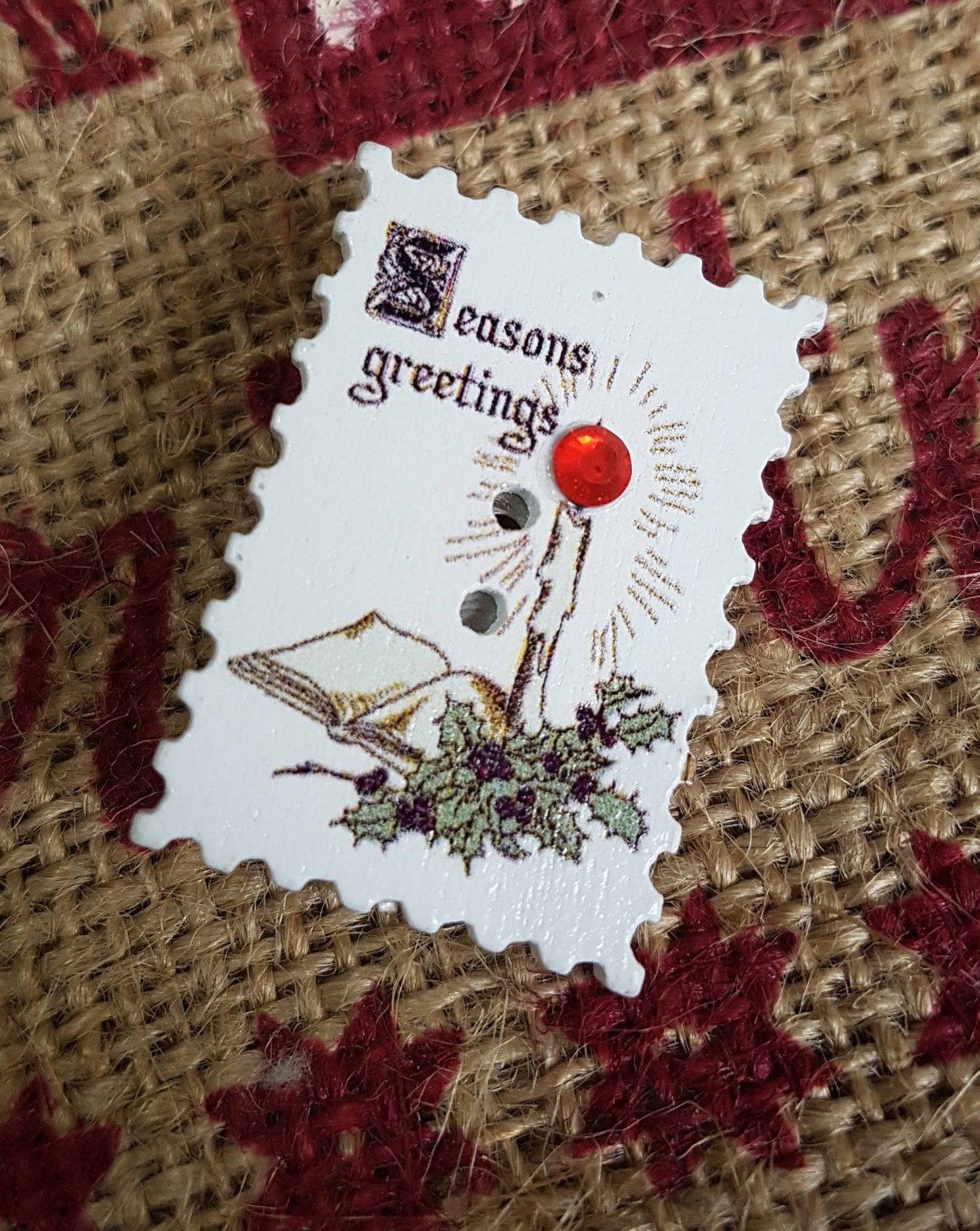 Wooden Postage Stamp Style Christmas Brooch with Rhinestones. Santa, Tree, Xmas, Holly, Candle, Sleigh, Snowflakes Stocking Filler