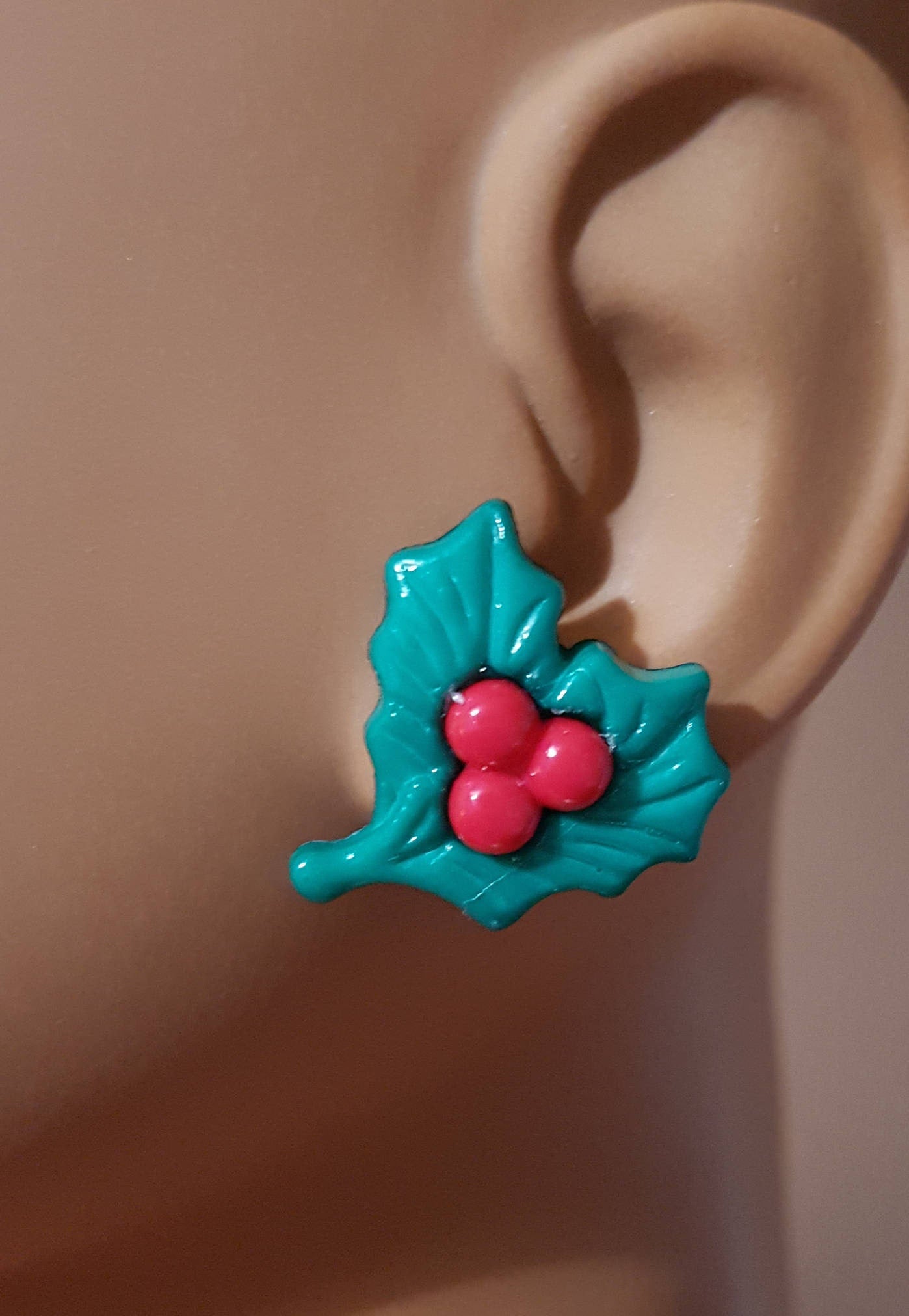 Large Holly Stud Earrings Christmas Xmas Kitsch Hypoallergenic Allergy Lead Nickel Free Stocking Filler