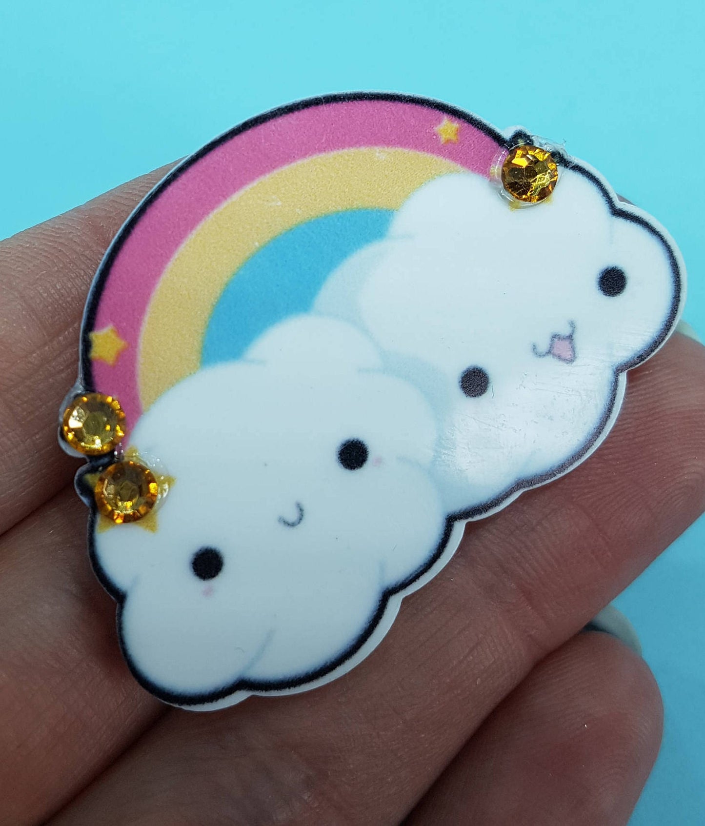 Rainbow and Clouds Brooch with Rhinestone Detail. Kawaii Cute Gift Weather