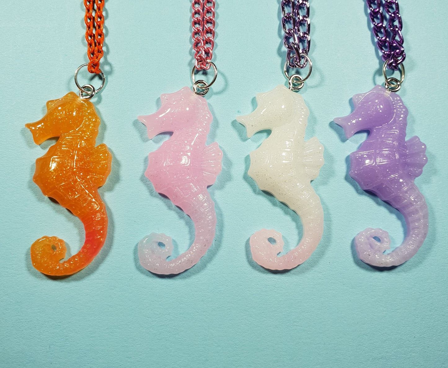 Seahorse Pendant and Chain, Necklace. Sea, Ocean, Marine Life, Gift, Pink, Blue, Purple, Lilac, Orange, White, Green