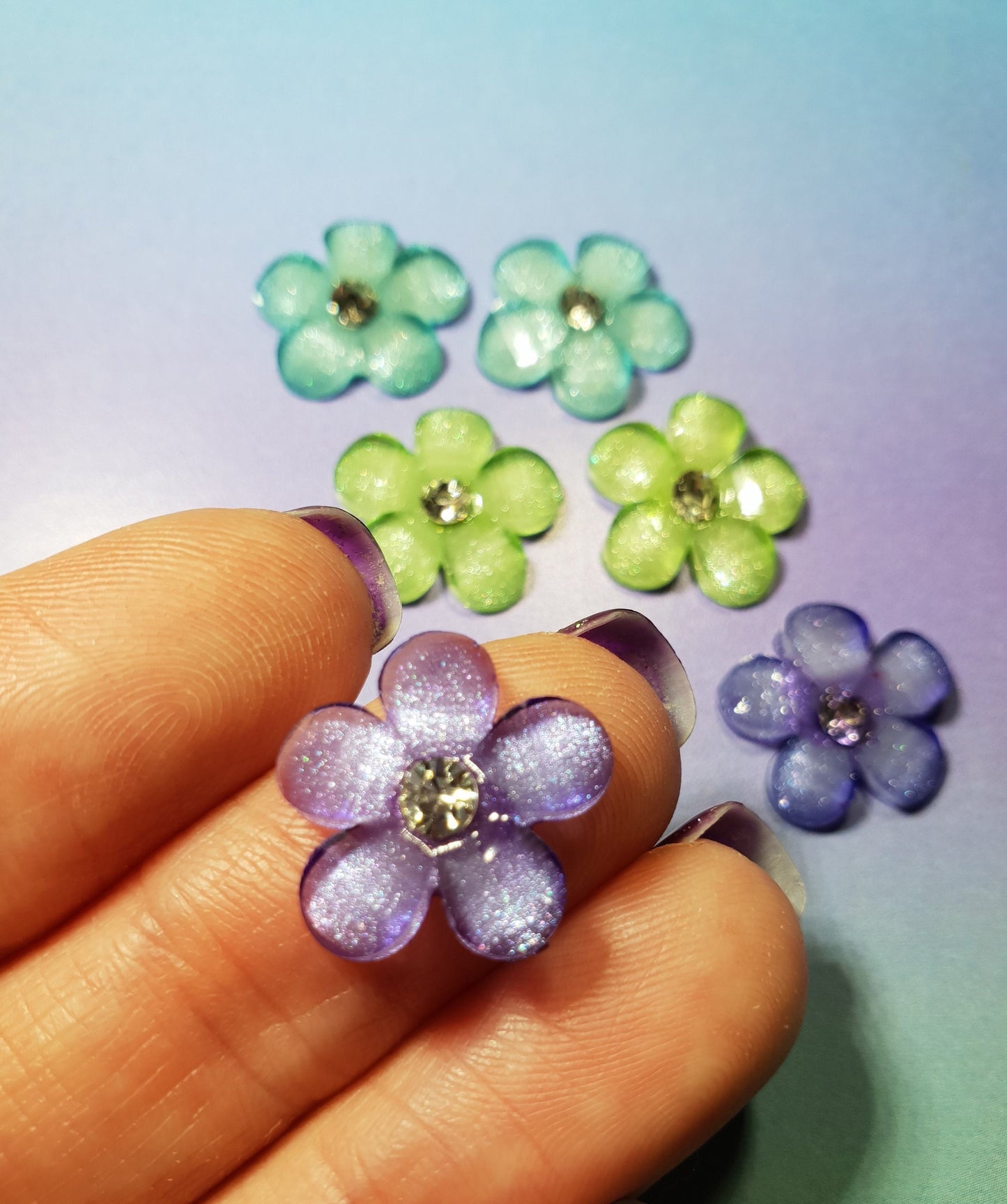 Pretty Flower Stud Earrings with Sparkle. Green, Purple,Blue. Floral. Hypoallergenic, Allergy, Lead, Nickel Free. Mothers Day Gift