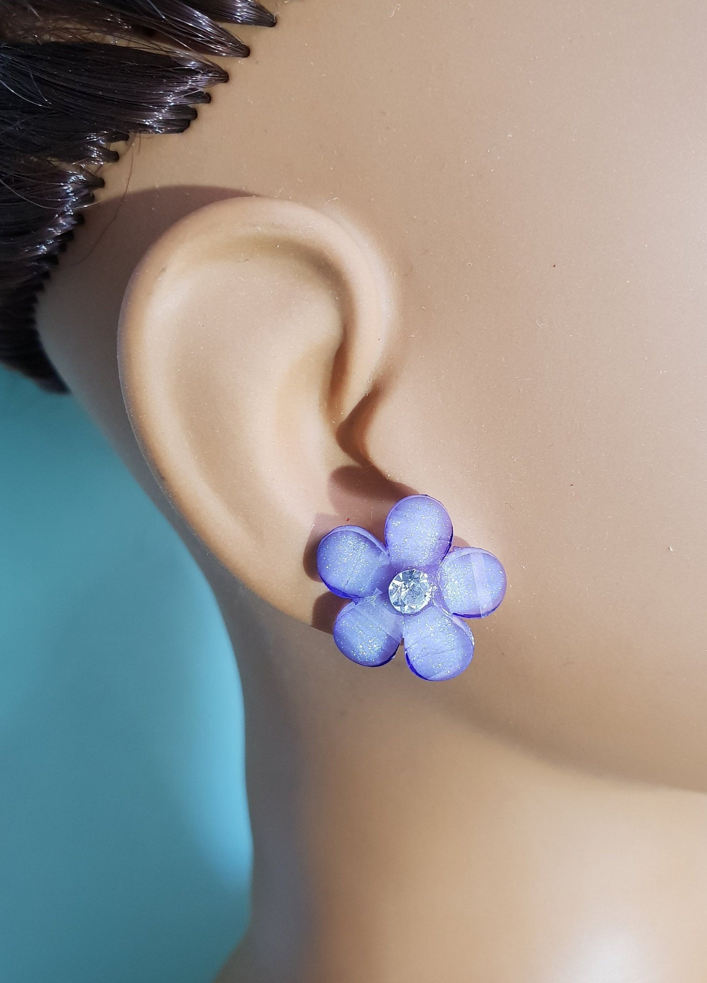 Pretty Flower Stud Earrings with Sparkle. Green, Purple,Blue. Floral. Hypoallergenic, Allergy, Lead, Nickel Free. Mothers Day Gift
