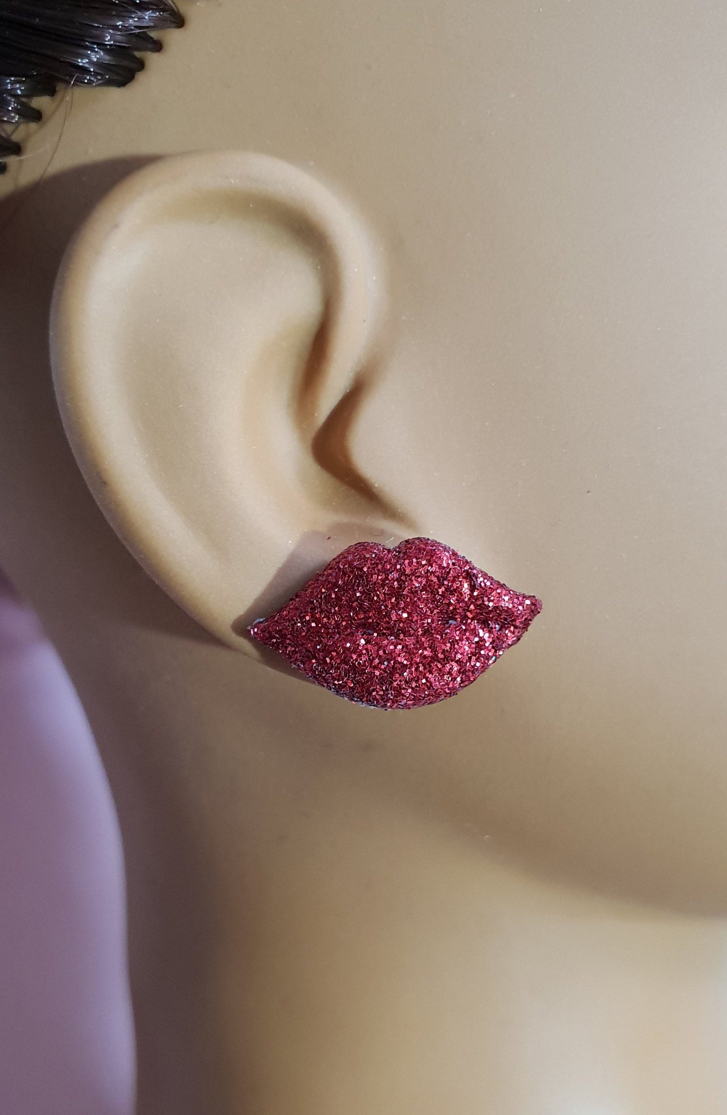 Lips Stud Earrings. Kiss, Love, Glitter, Red, Pink. Clip On, Hypoallergenic, Allergy, Lead, Nickel Free. Gift, Valentines