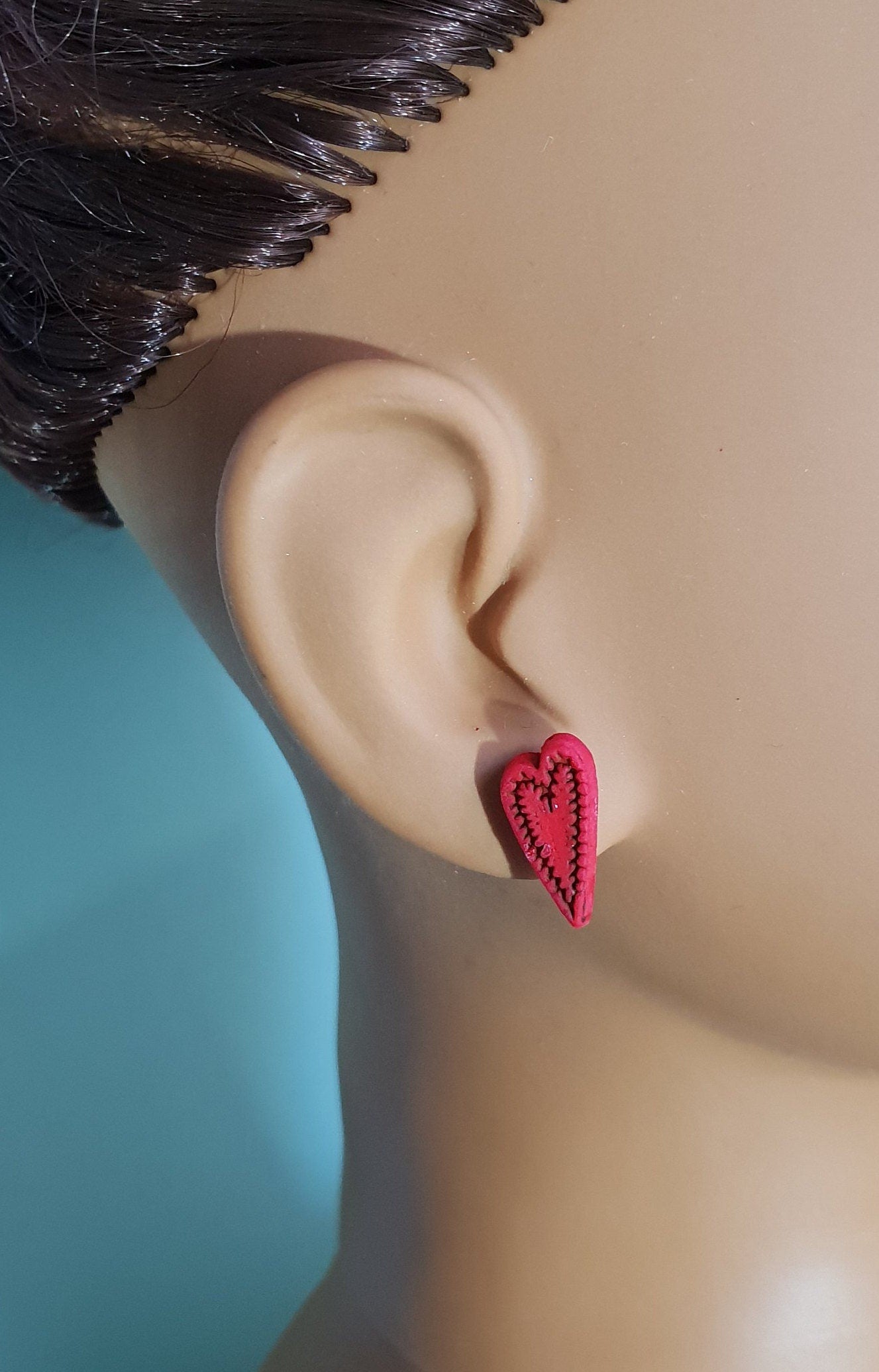 Rustic Heart Stud Earrings. Small, Red, Lilac, Blue, Orange, Cream. Hypoallergenic, Allergy, Lead, Nickel Free. Gift