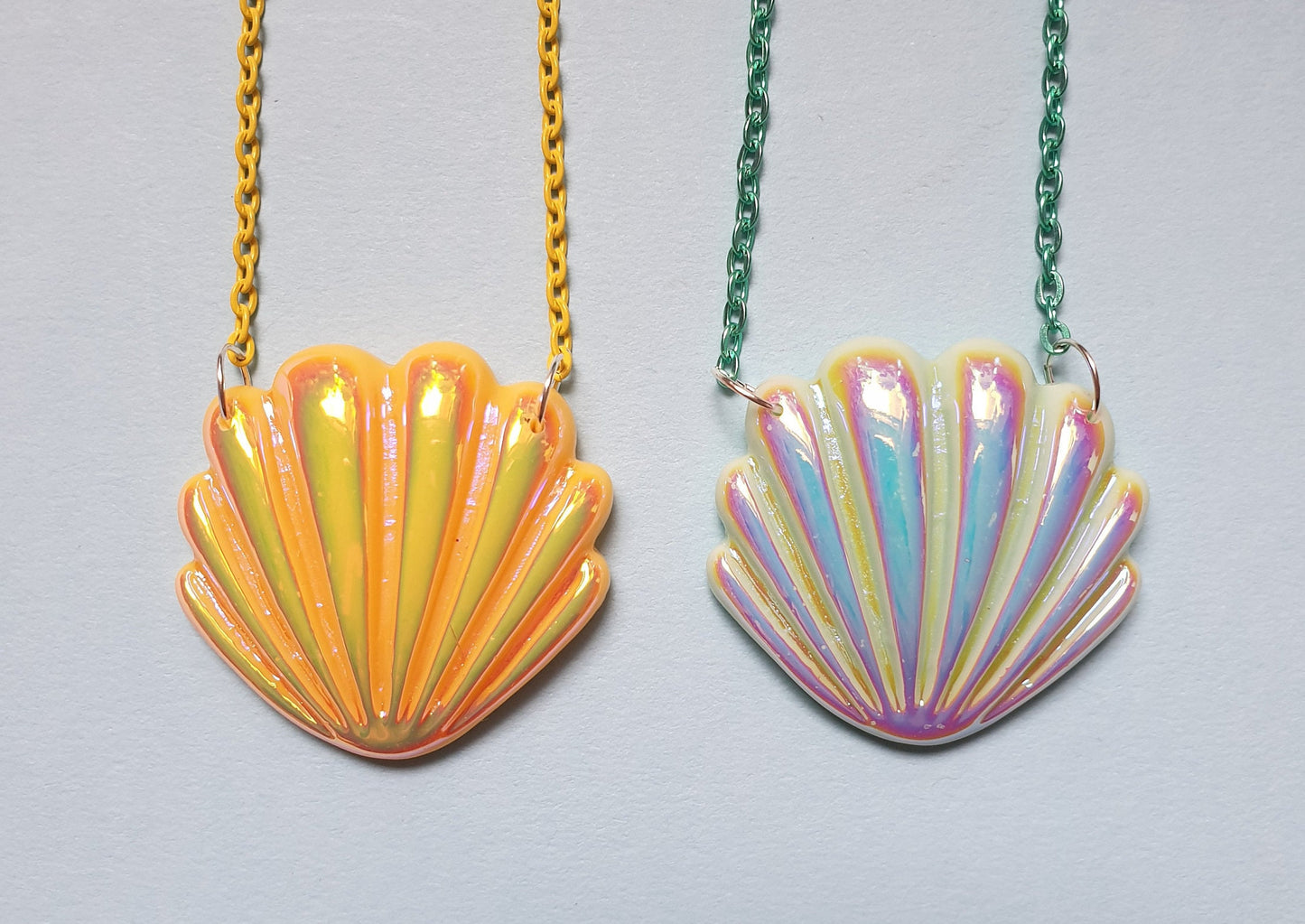 Sea Shell Bib Style Necklace with Iridescent Shine. Mermaid, Clam Shell, Pink, Purple, White, Yellow, Green, Blue, Gift