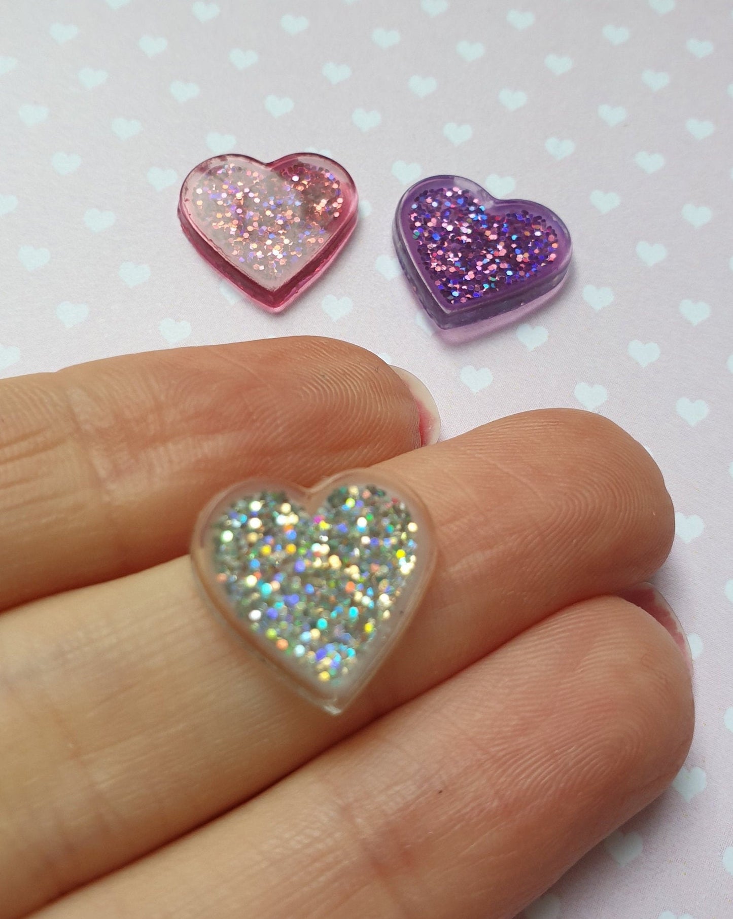 Glitter Heart Stud Earrings, Studs, Colourful, Bright Colours. Clip Ons, Hypoallergenic, Allergy, Lead, Nickel Free