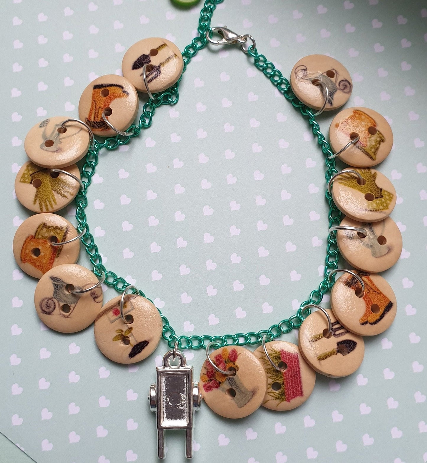 Gardeners Button Charm Bracelet. Wheelbarrow, Garden, Gardening, Horticulture, Plants, Flowers. Gift