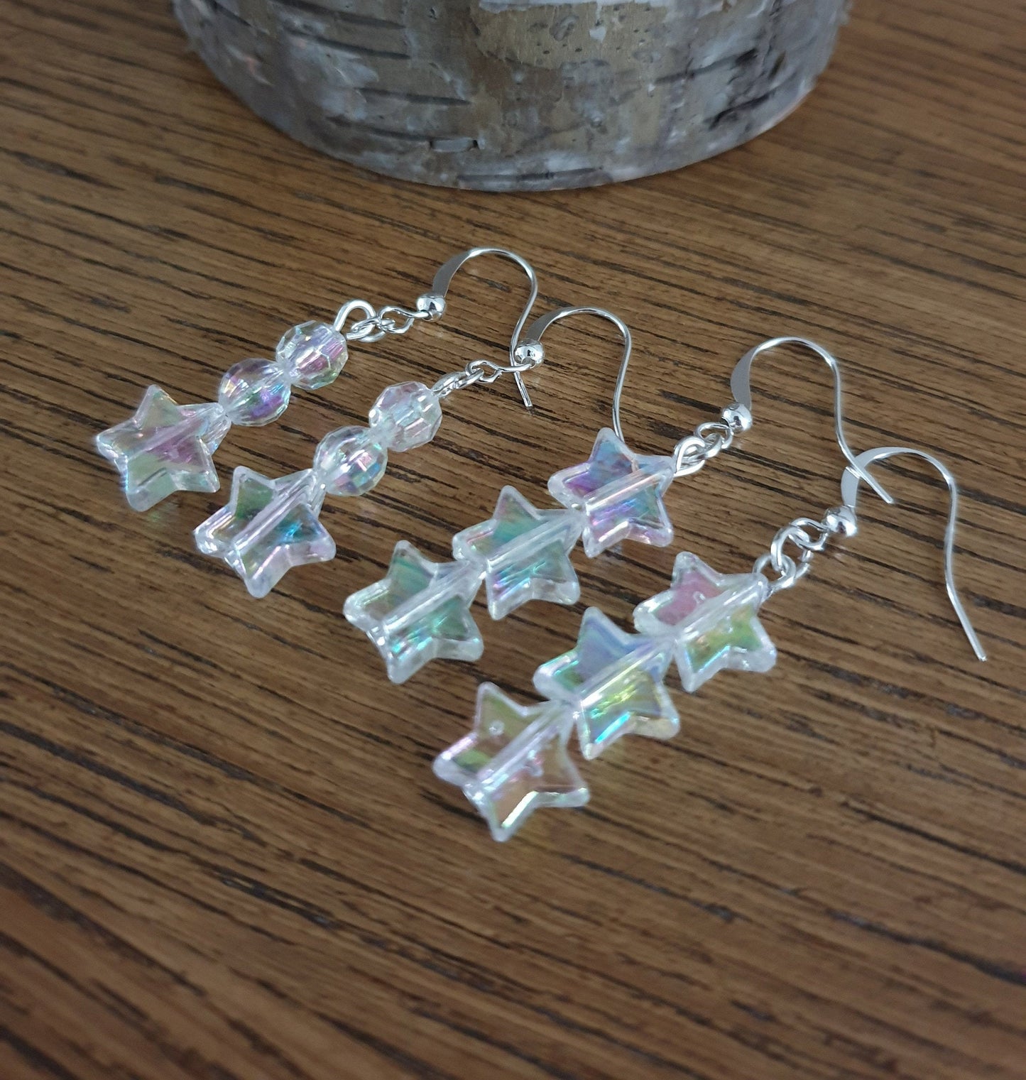 White Iridescent AB Star Beaded Earrings. Clip On, Hypoallergenic, Allergy, Lead, Nickel Free