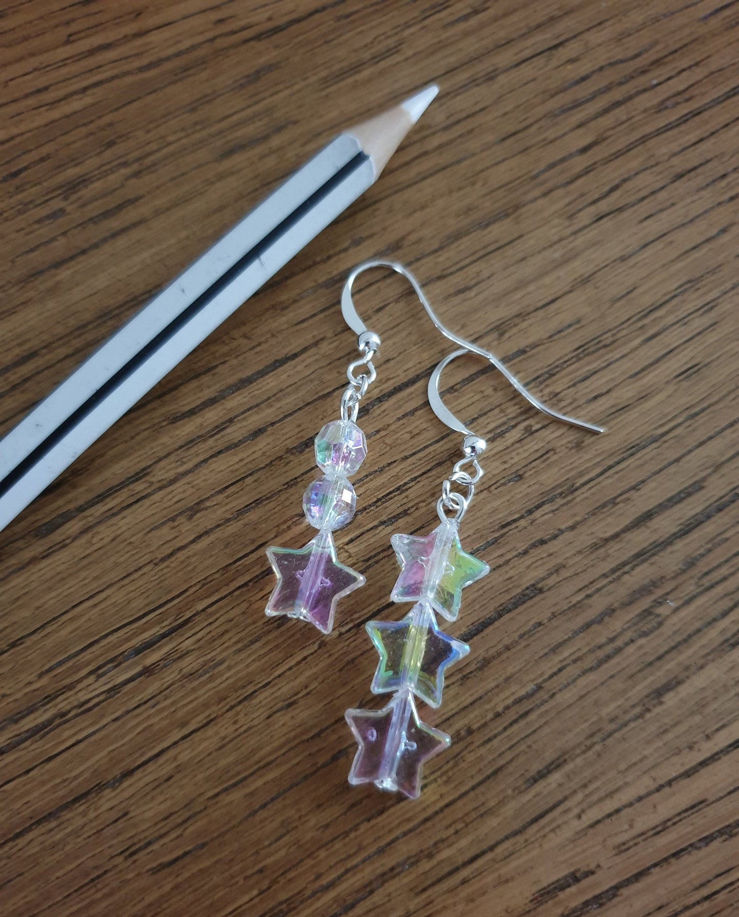 White Iridescent AB Star Beaded Earrings. Clip On, Hypoallergenic, Allergy, Lead, Nickel Free