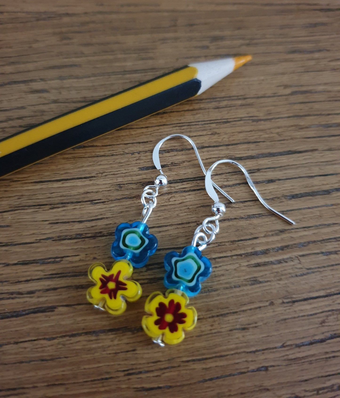 Millefiori Glass Flower Earrings. Floral, Blue, Yellow, Red, Black, Gift. Clip On, Hypoallergenic, Allergy, Lead, Nickel Free