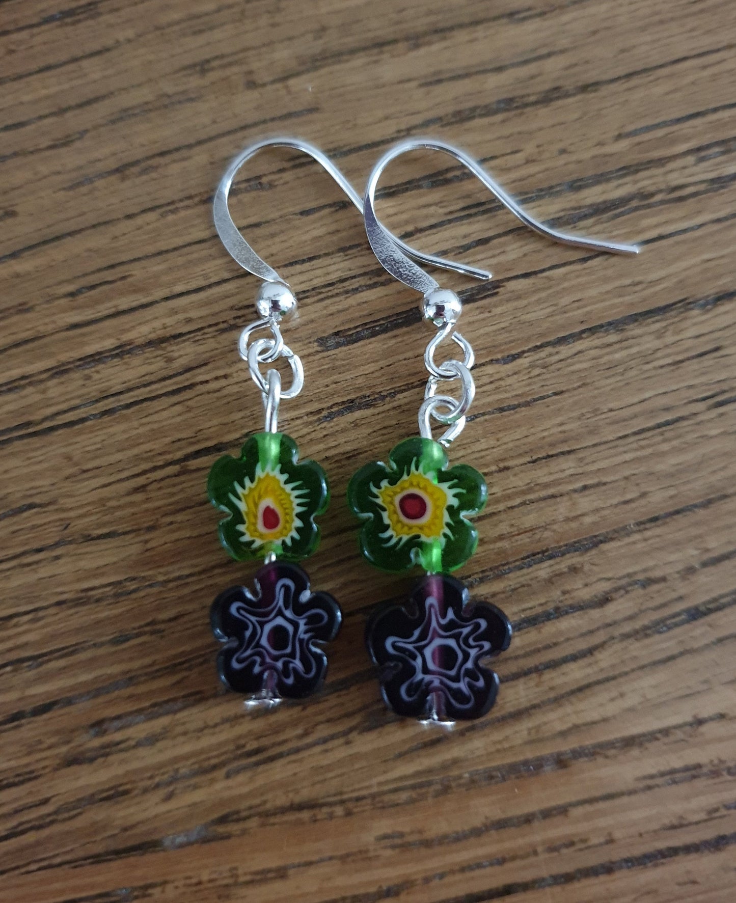 Millefiori Glass Flower Earrings. Floral, Blue, Yellow, Red, Black, Gift. Clip On, Hypoallergenic, Allergy, Lead, Nickel Free