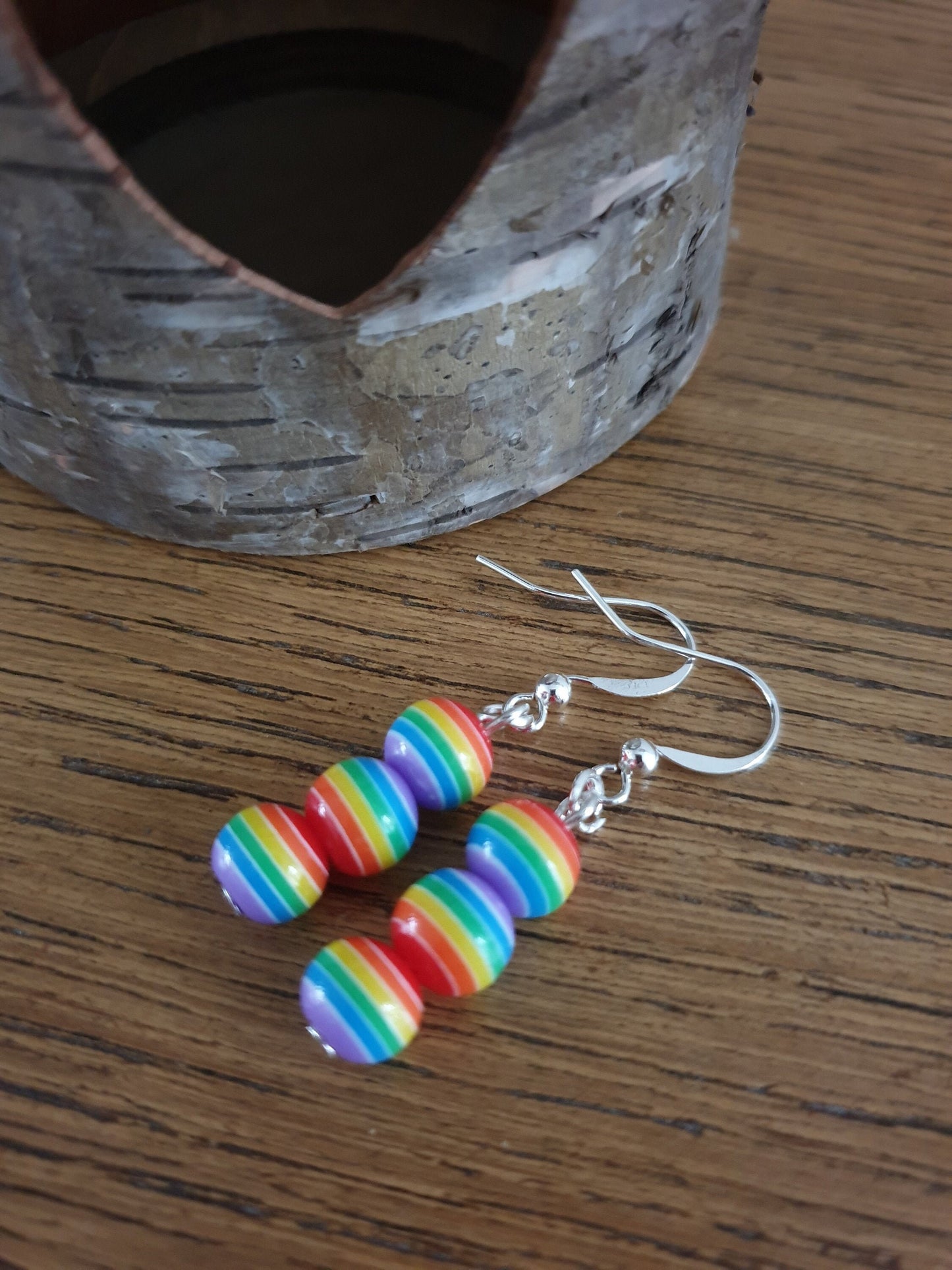 Rainbow Stripe Beaded Earrings. Clip On, Hypoallergenic, Allergy, Lead, Nickel Free