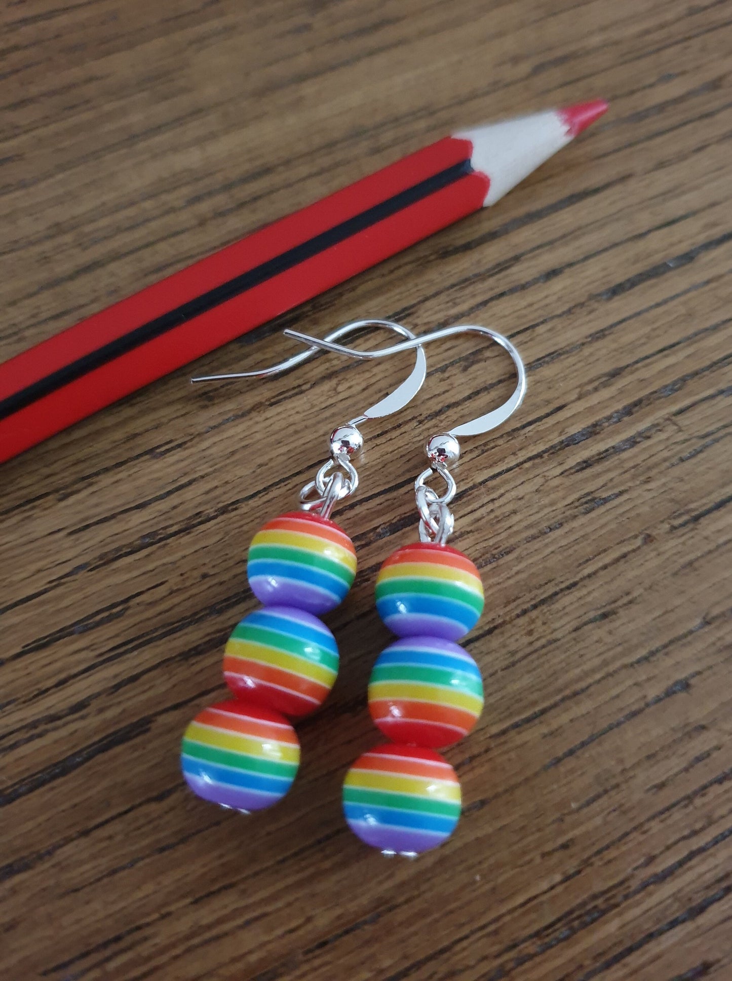 Rainbow Stripe Beaded Earrings. Clip On, Hypoallergenic, Allergy, Lead, Nickel Free