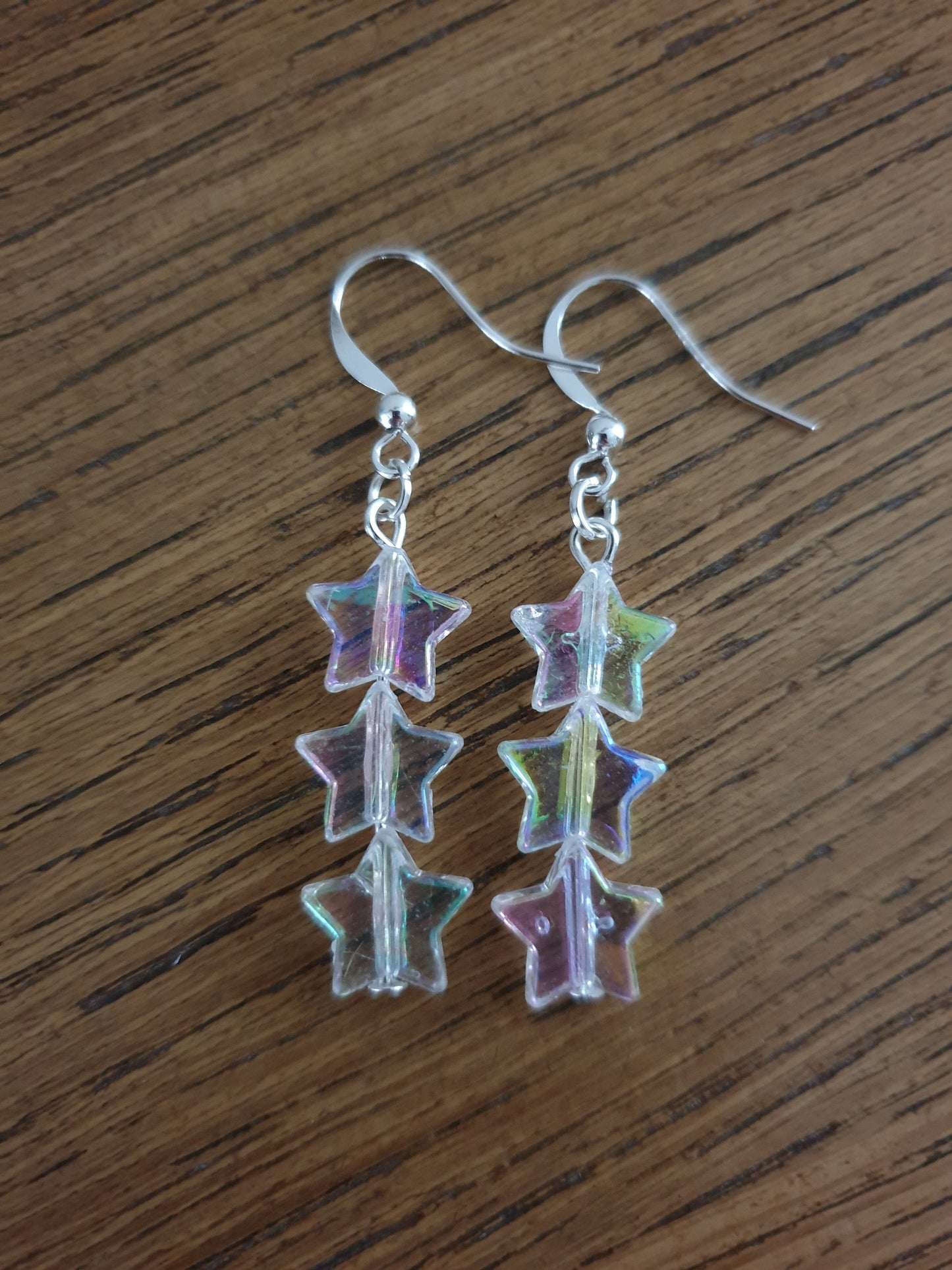 White Iridescent AB Star Beaded Earrings. Clip On, Hypoallergenic, Allergy, Lead, Nickel Free