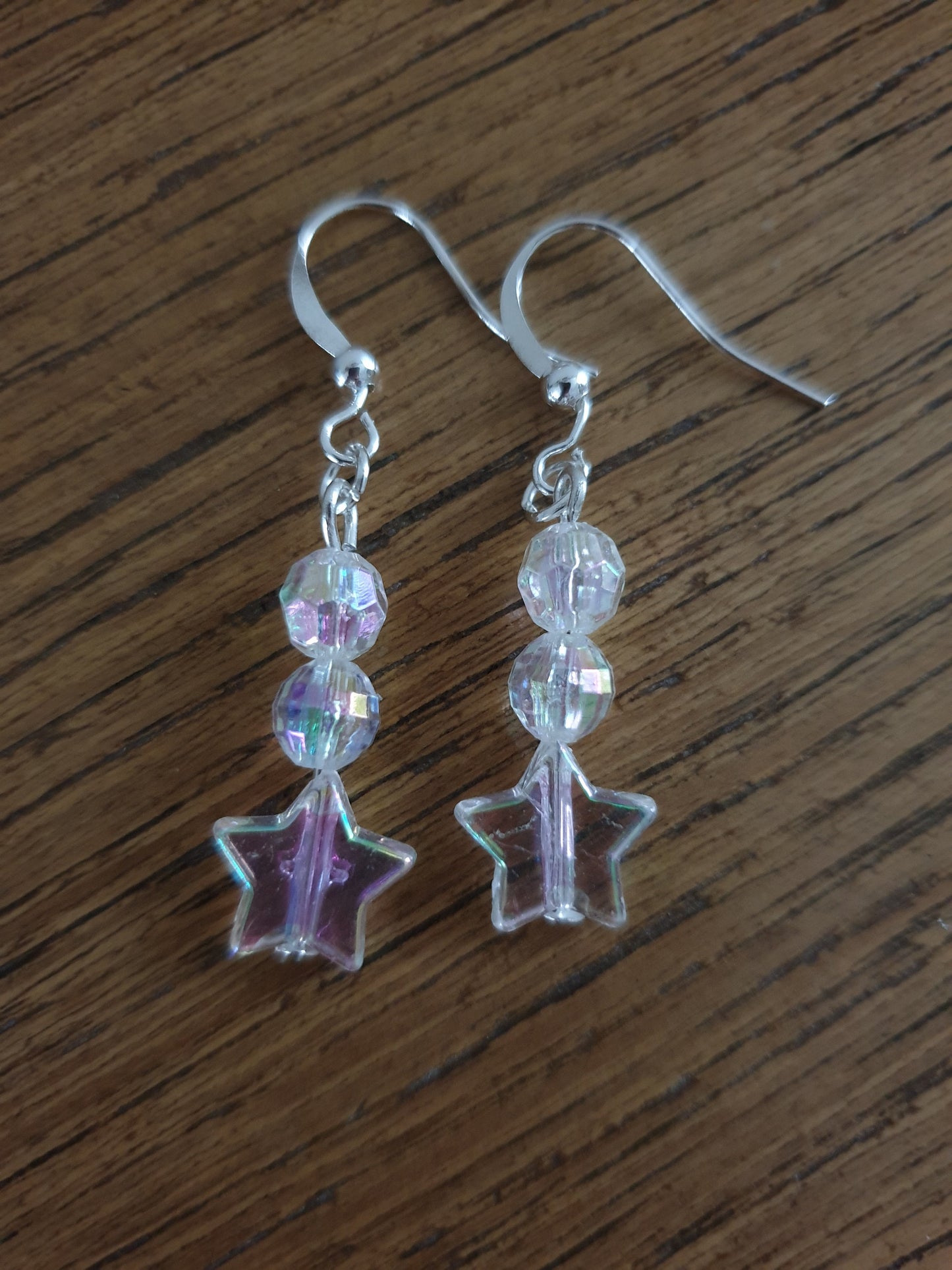 White Iridescent AB Star Beaded Earrings. Clip On, Hypoallergenic, Allergy, Lead, Nickel Free