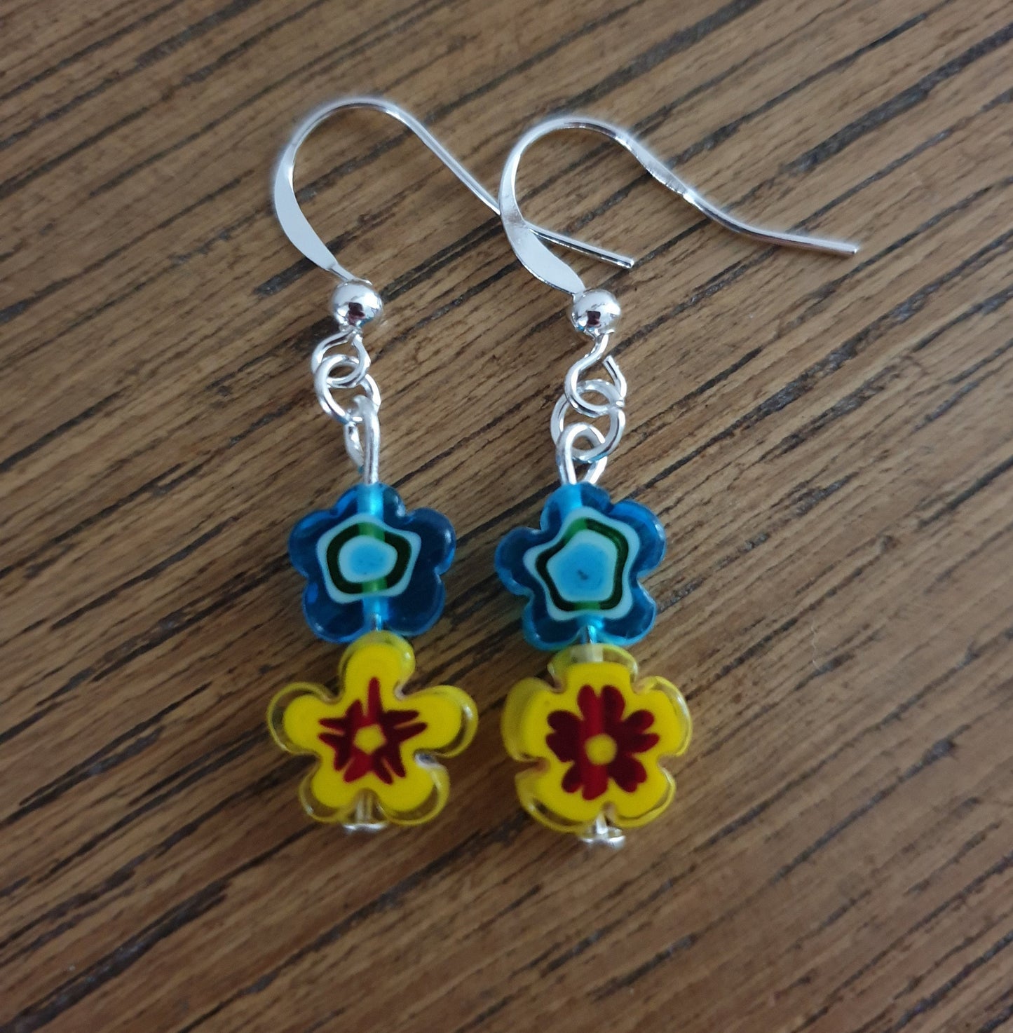 Millefiori Glass Flower Earrings. Floral, Blue, Yellow, Red, Black, Gift. Clip On, Hypoallergenic, Allergy, Lead, Nickel Free