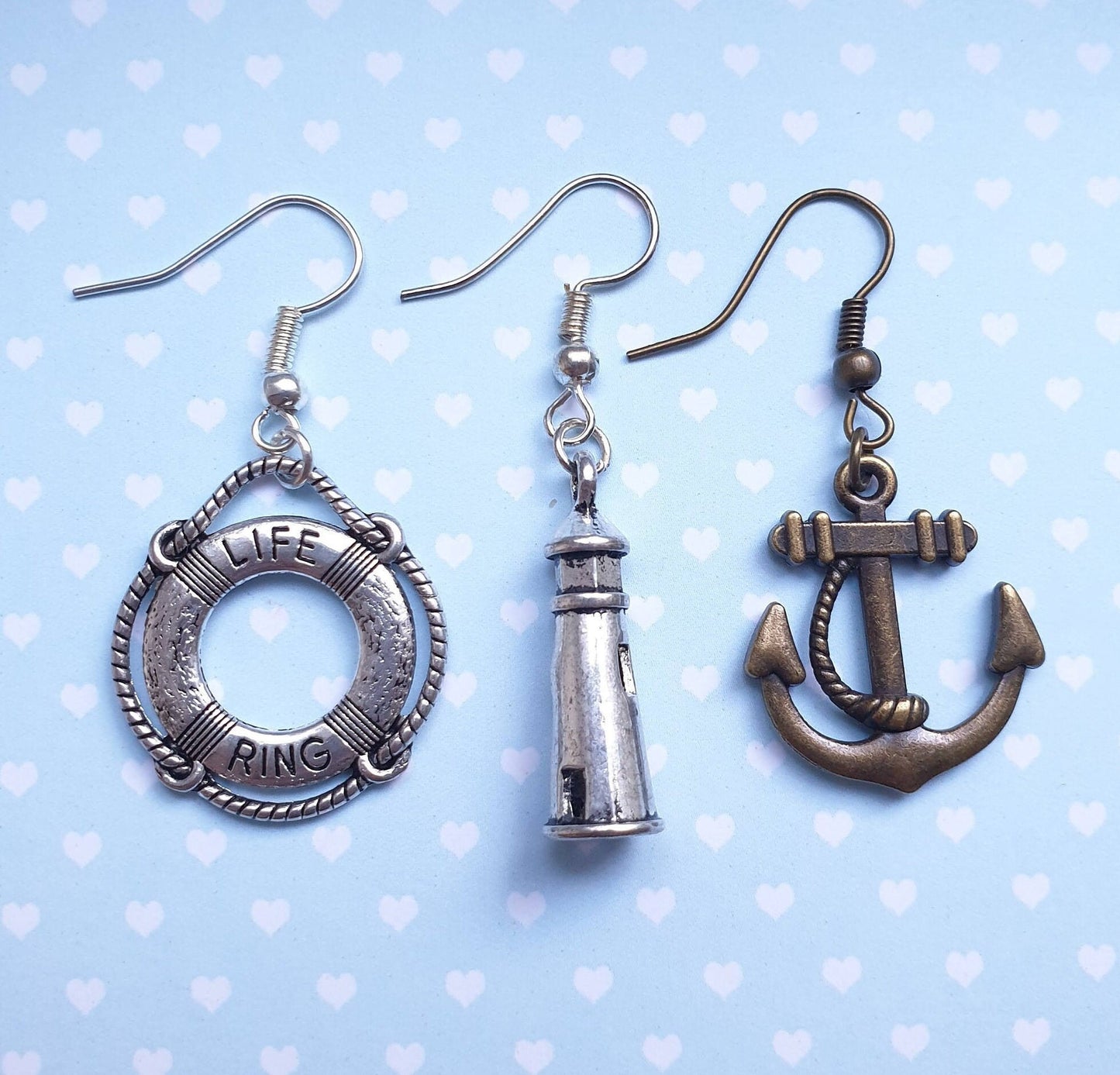Nautical Earrings - 3D Lighthouse, Life Ring, Anchor. Silver, Brass, Sea. Hypoallergenic Allergy Lead Nickel Free