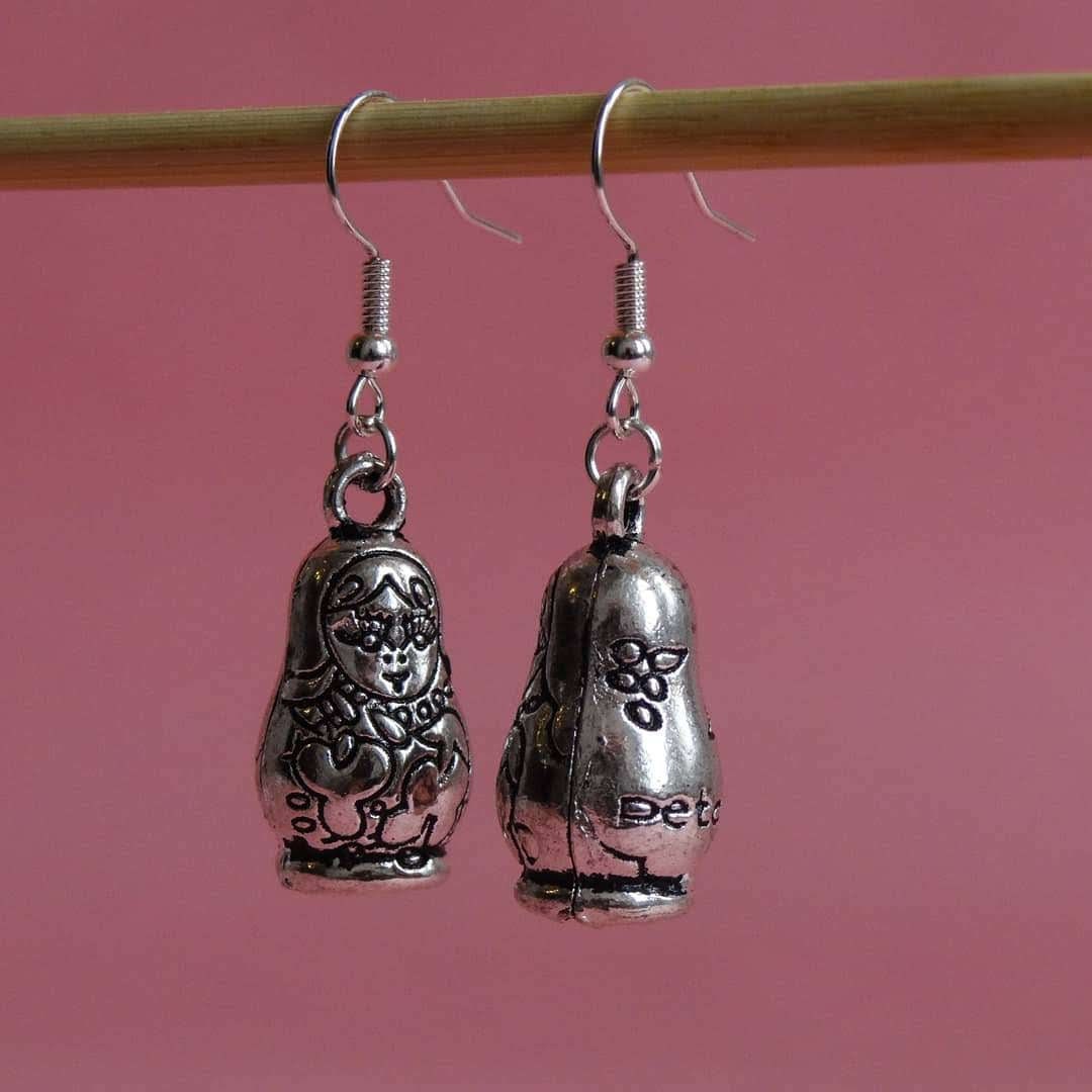 Russian Nesting Doll, Babushka Earrings. Hypoallegenic, Lead Nickel Allergy Free. Silver Colour