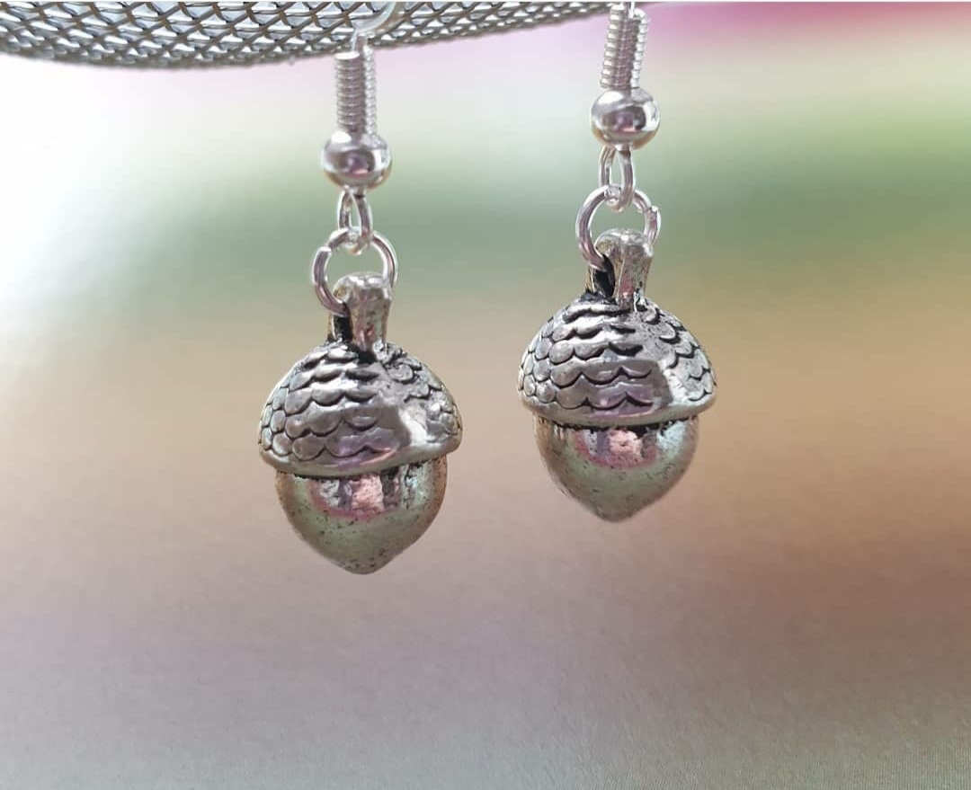 3D Acorns or Mushroom Toadstool Earrings. Silver Coloured. Clip On, Hypoallergenic, Allergy, Lead and Nickel Free