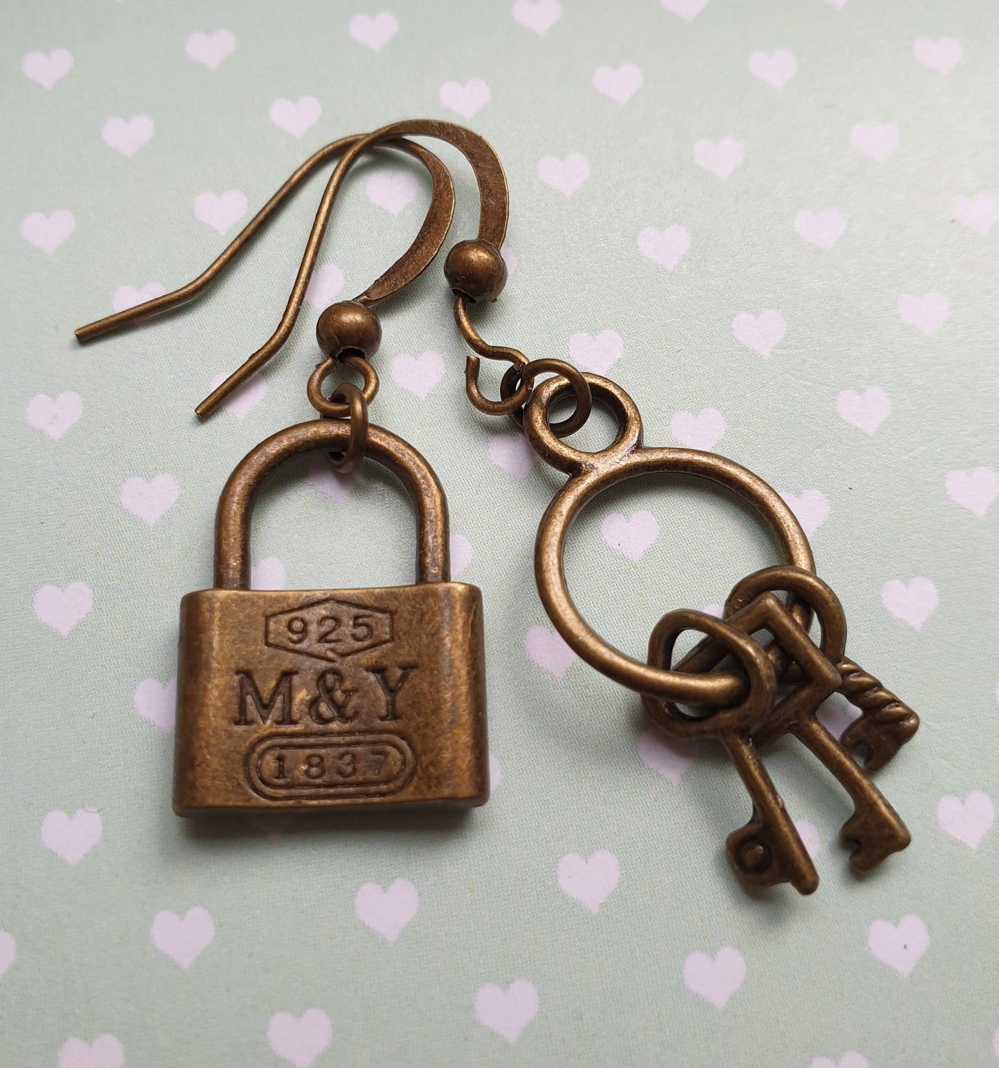 Padlock and Key Themed Drop Earrings, Bronze. Clip Ons, Hypoallergenic Lead Nickel Allergy Free Lock