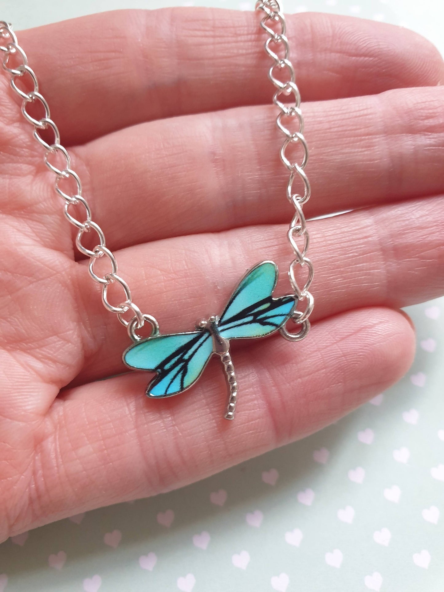 Pretty Dragonfly Bib Style Necklace. Silver with Coloured Wings.