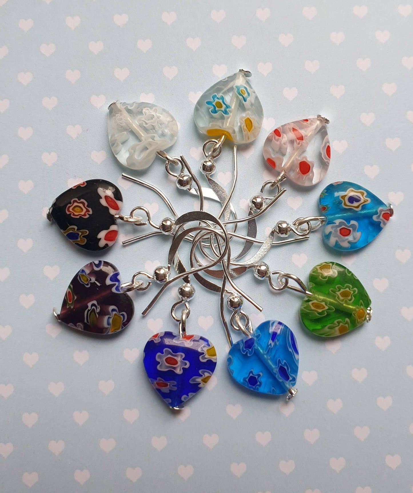 Millefiori Heart Glass Bead Earrings. Pretty, Floral, Gift. Clip On, Hypoallergenic, Allergy, Lead, Nickel Free