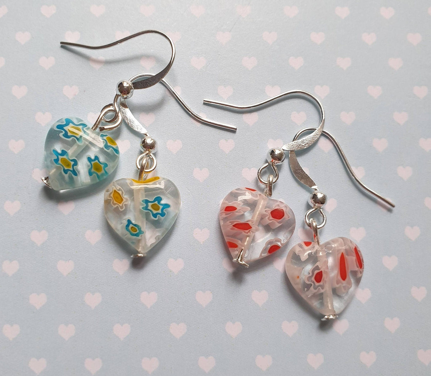 Millefiori Heart Glass Bead Earrings. Pretty, Floral, Gift. Clip On, Hypoallergenic, Allergy, Lead, Nickel Free