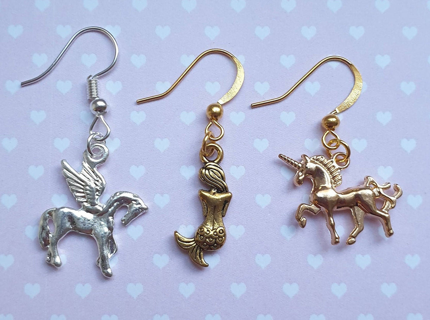 Mermaid, Unicorn or Pegasus Earrings. Novelty, Fantasy, Gold, Silver Unusual Lead Nickel Free Hypoallergenic Allergy