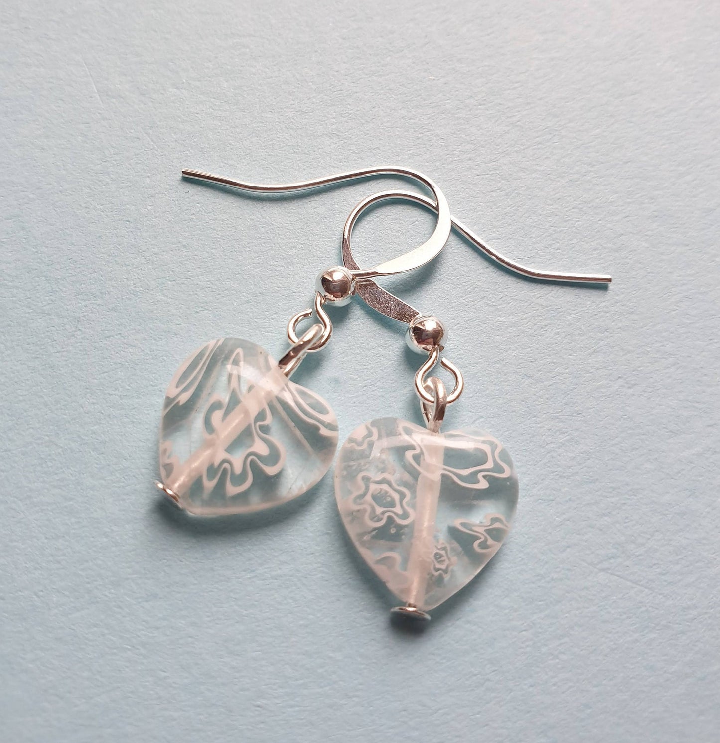 Millefiori Heart Glass Bead Earrings. Pretty, Floral, Gift. Clip On, Hypoallergenic, Allergy, Lead, Nickel Free