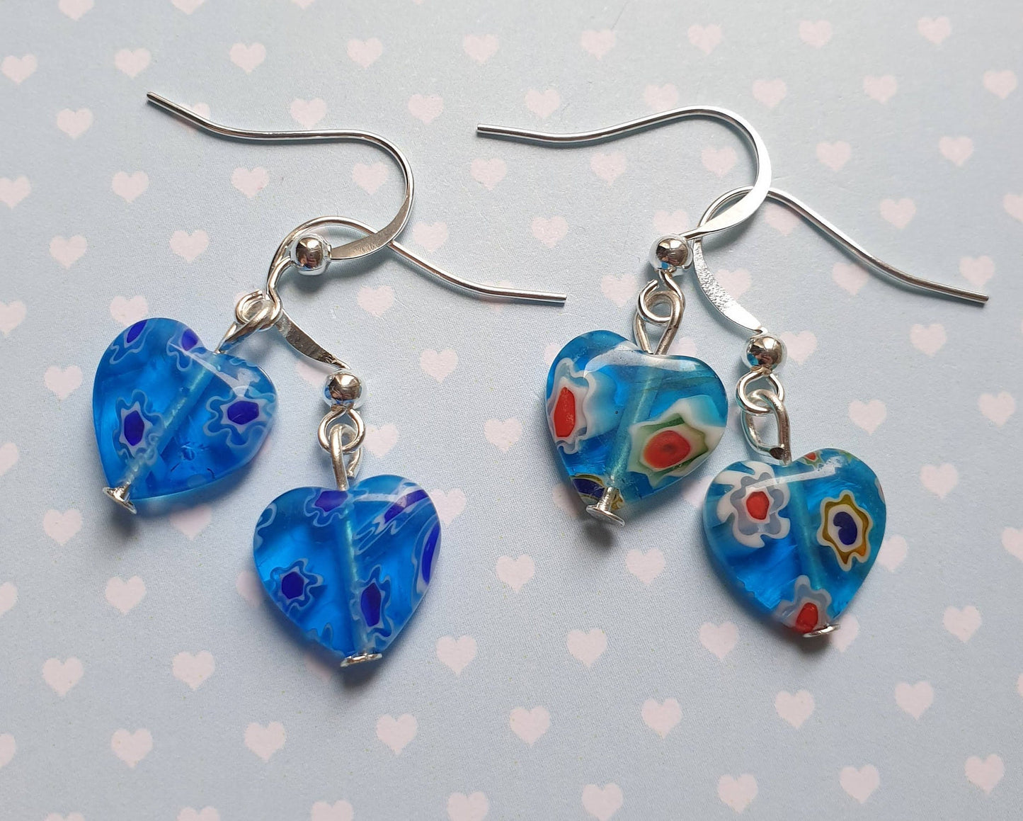 Millefiori Heart Glass Bead Earrings. Pretty, Floral, Gift. Clip On, Hypoallergenic, Allergy, Lead, Nickel Free