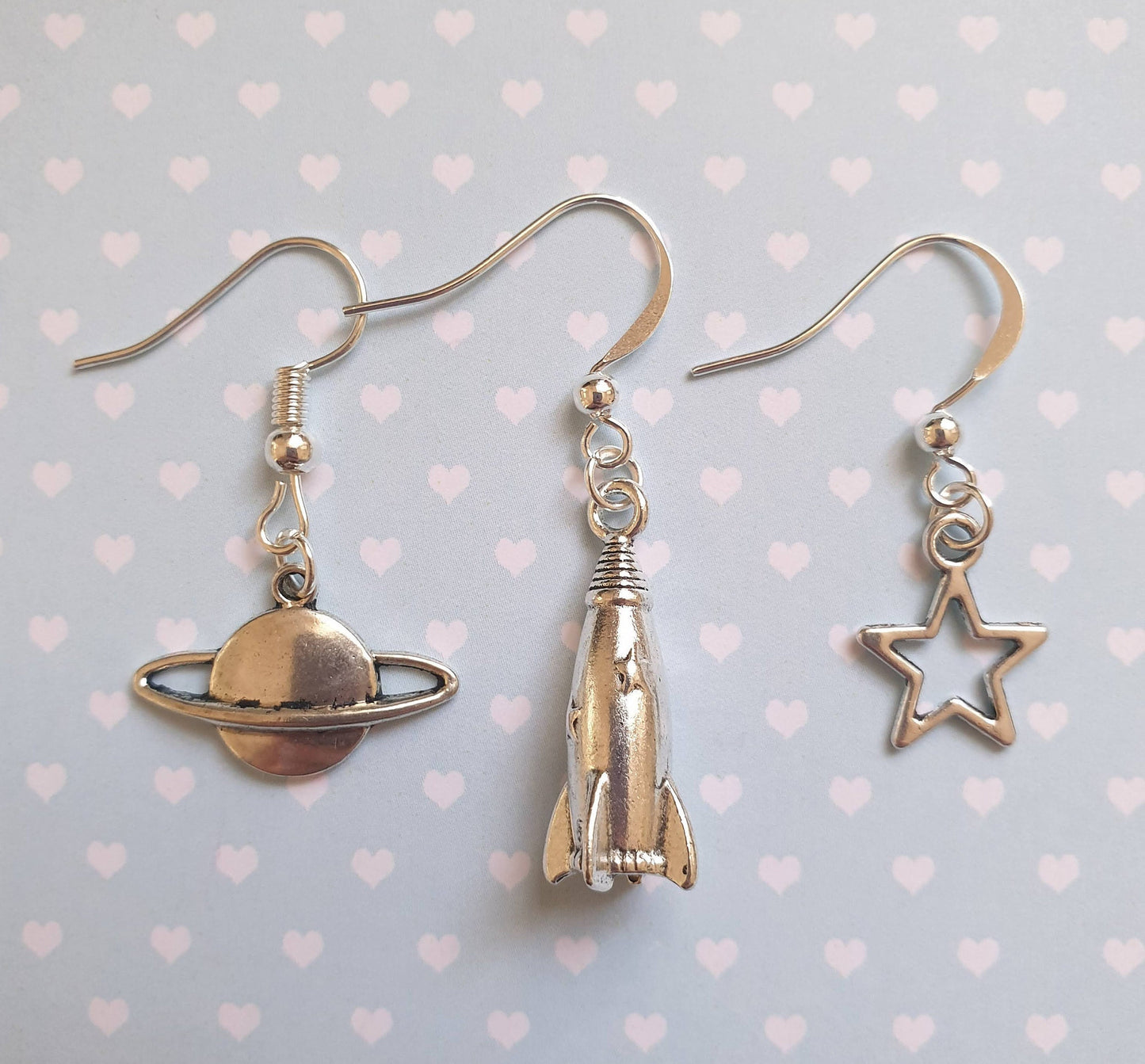Small Silver Star Outline, Rocket and Planet Earrings. Space, Gift, Cute, Little. Clip On, Hypoallergenic, Allergy, Lead, Nickel Free