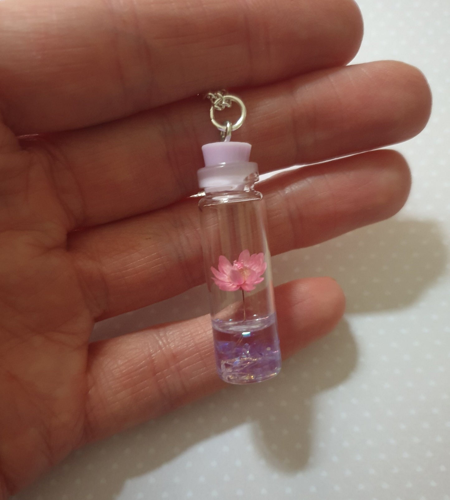 Pretty Flower in Bottle Pendant on Silver Chain.  Necklace, Gift, Stocking Filler, Mothers Day, Floral, Pink