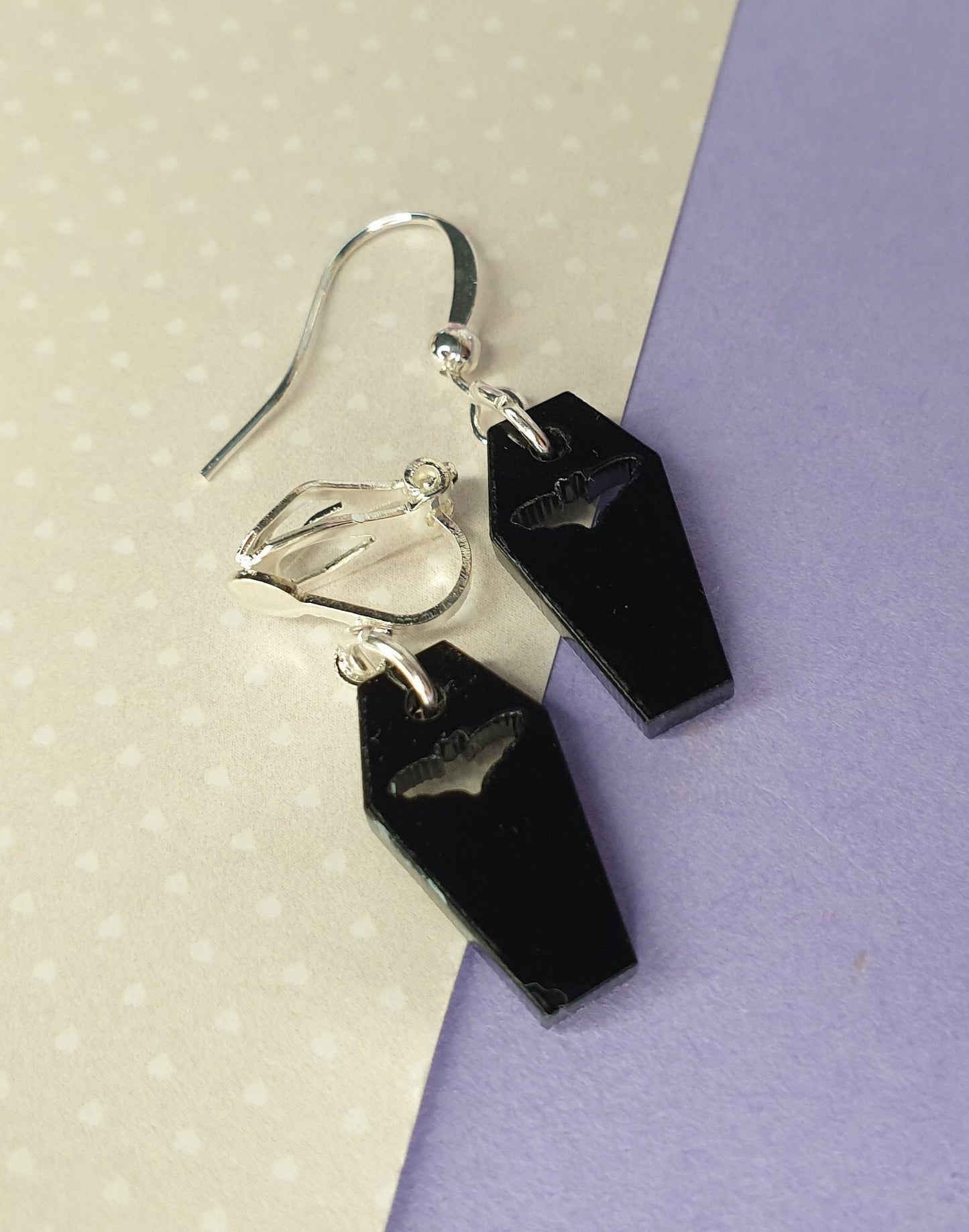 Bat Coffin Small Drop Dangle Earrings Halloween Spooky Clip Ons, Hypoallergenic Allergy Nickel Lead Free Stocking Filler