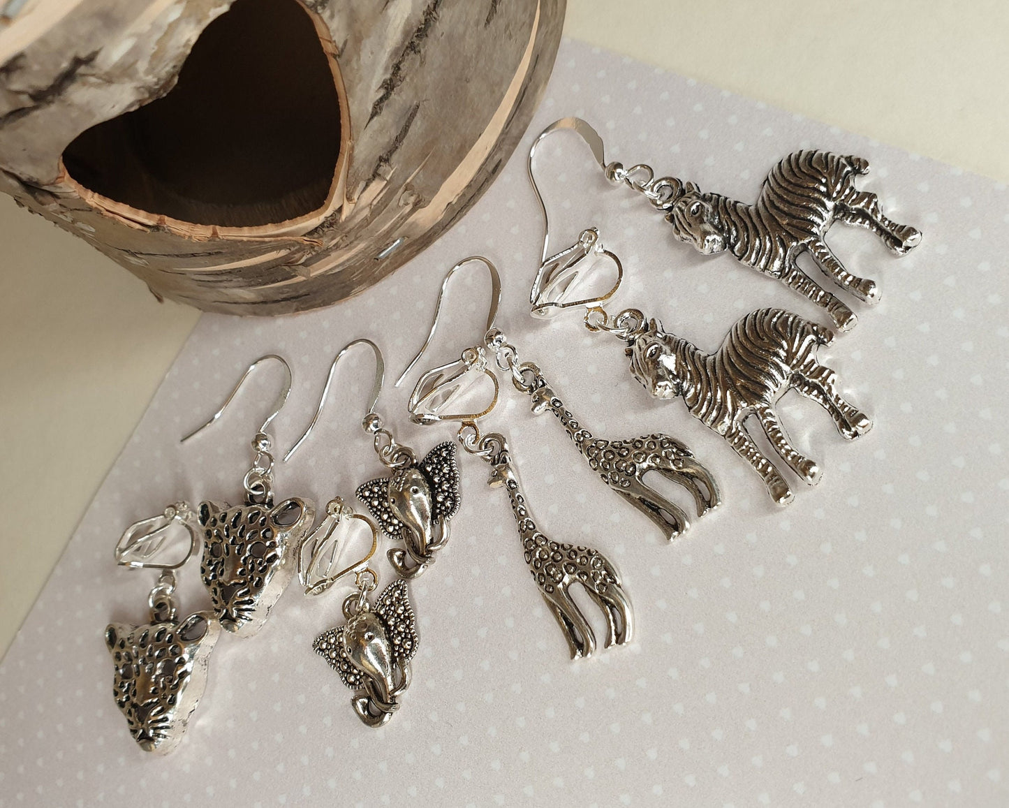Elephant Head, Cheetah, Zebra, Giraffe Earrings. Silver, Animals. Clip Ons, Hypoallergenic, Allergy, Lead, Nickel Free. Stocking Filler